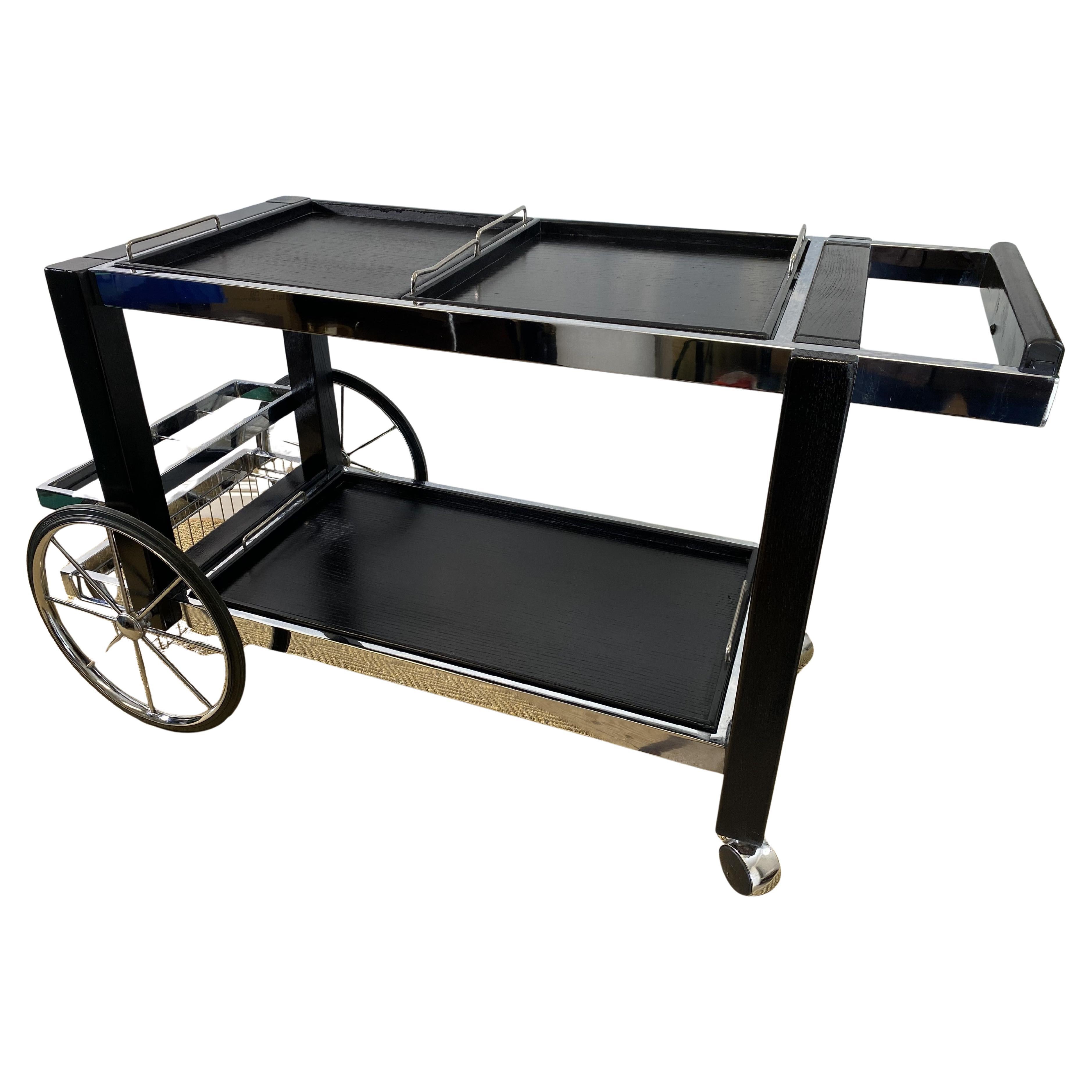 Carrito / Carro de Servir de Madera Negra y Cromo, Francia, años 80