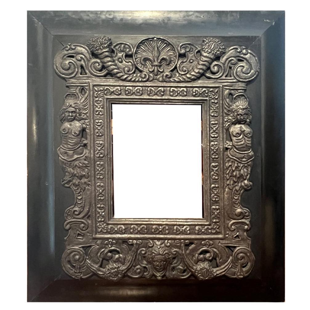 Black Wood and Tole Mirror, Early 20th Century For Sale