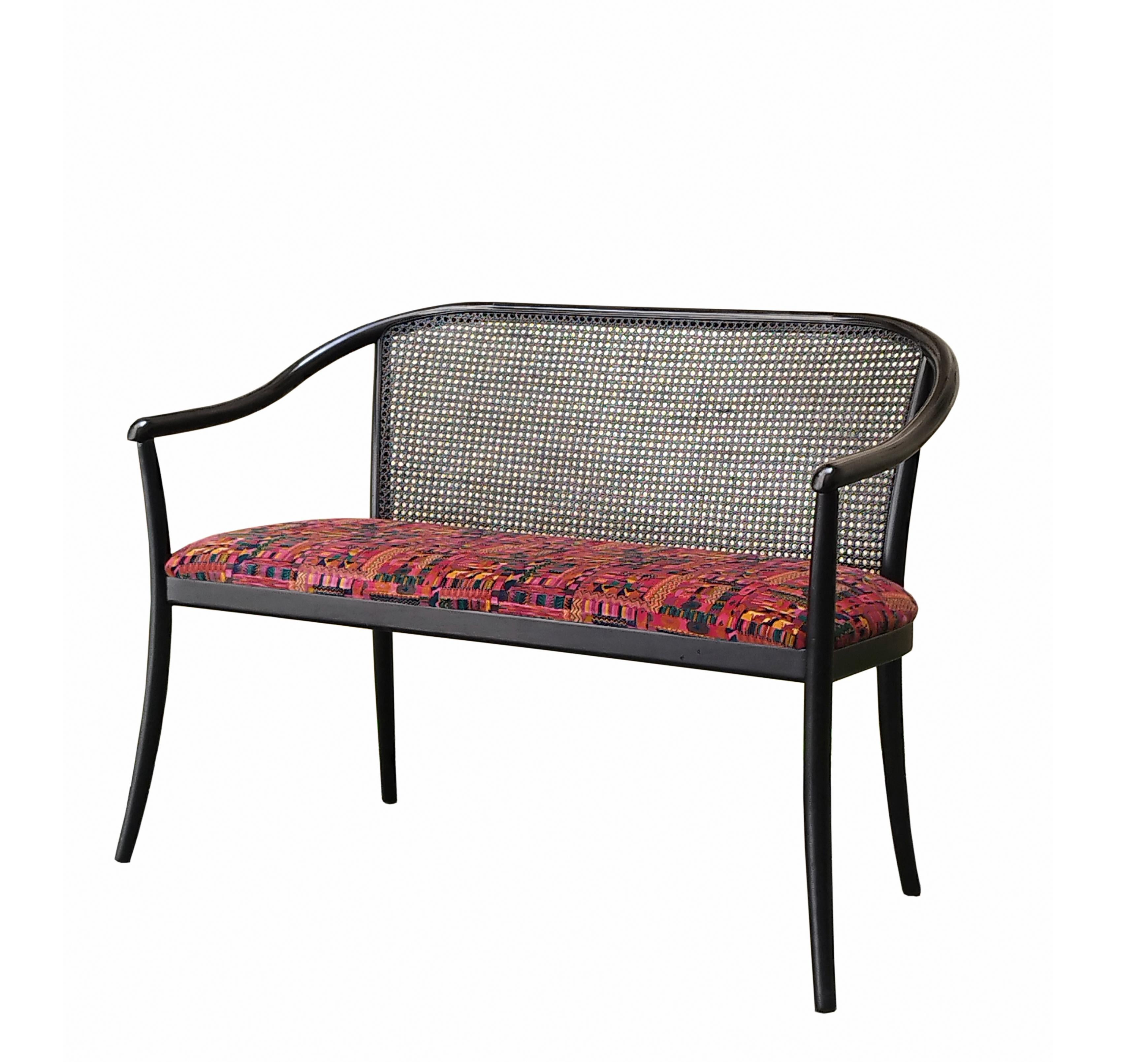 Mid-Century Modern Black Wood and Vienna Straw Bench, Italy 1960 For Sale