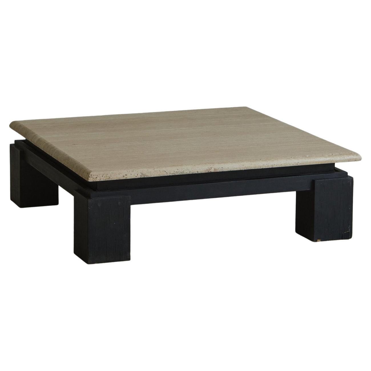 Black Wood Base Coffee Table With Travertine Top, France 20th Century  For Sale