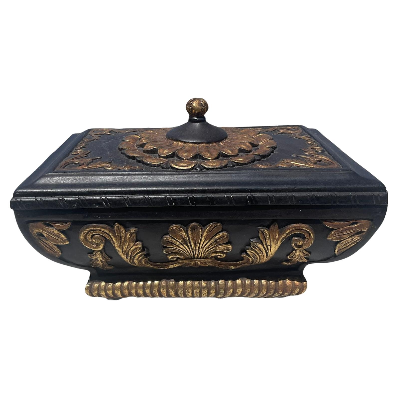 Black Wood Box hand painted with a gold gilt and carved  For Sale