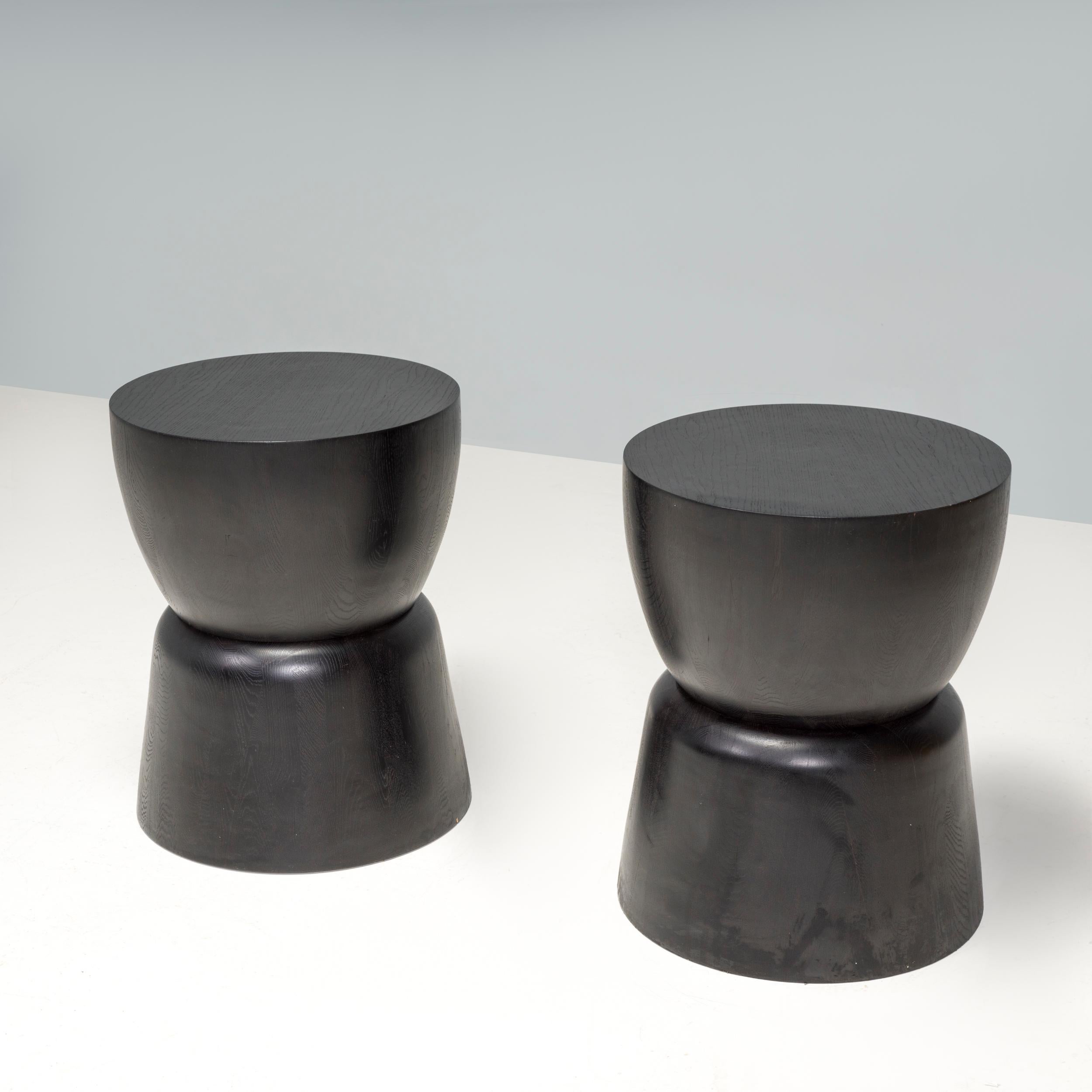 European Black Wood Drum Industrial Side Tables, Set of 2 For Sale