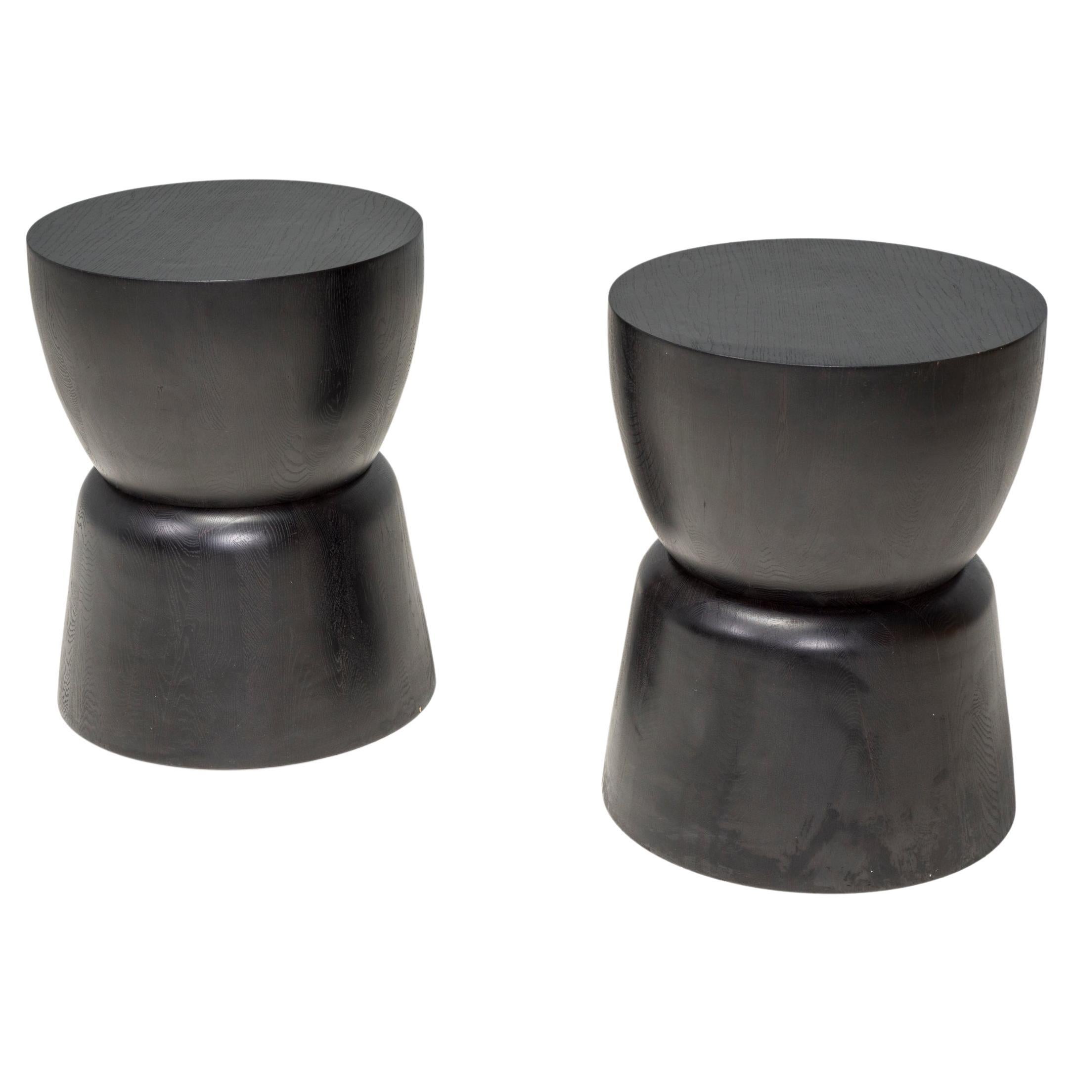 Black Wood Drum Industrial Side Tables, Set of 2