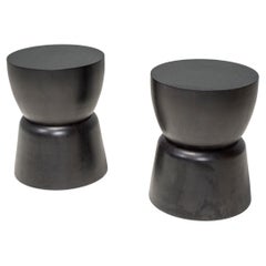 Used Black Wood Drum Industrial Side Tables, Set of 2