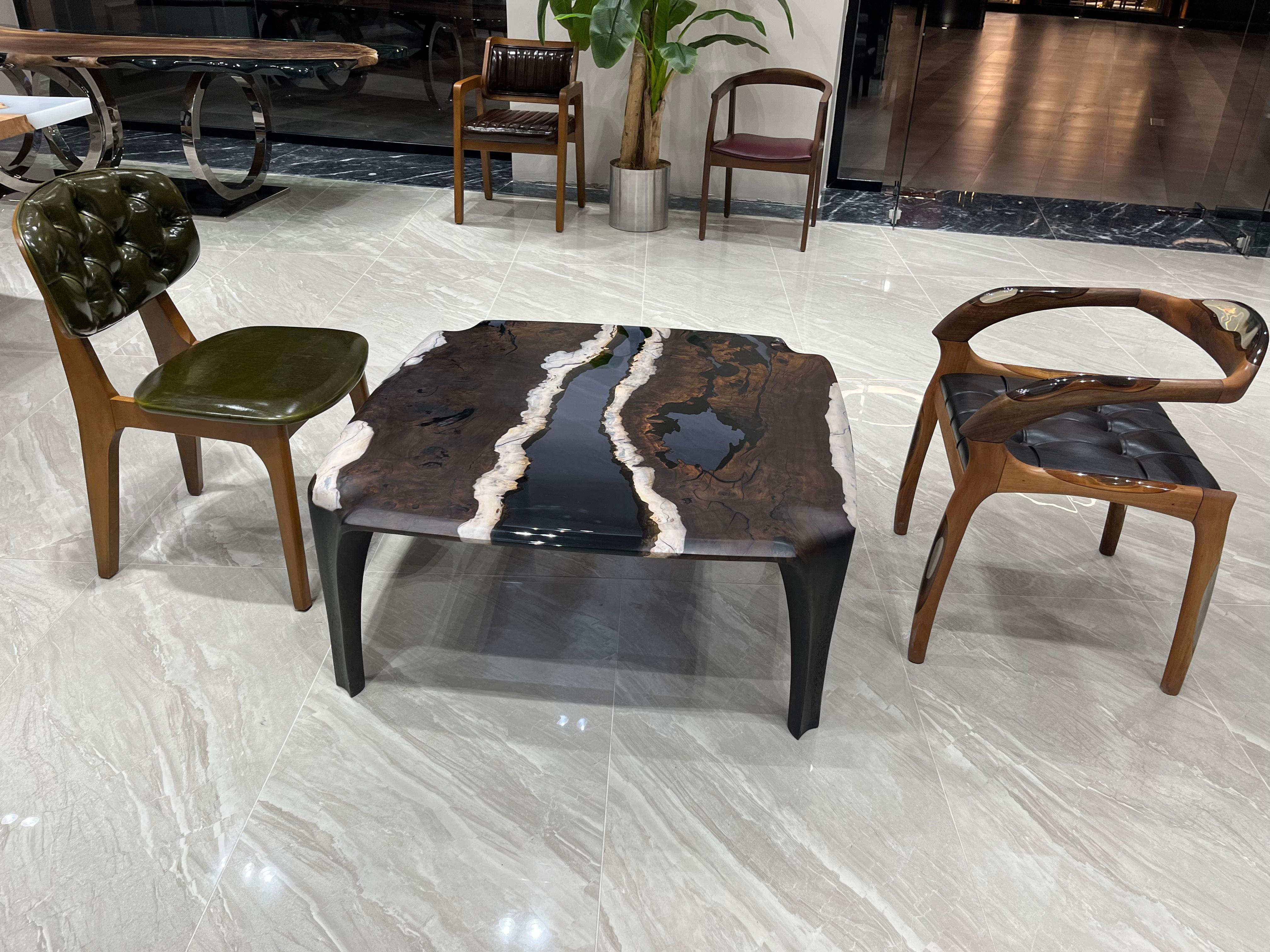 Arts and Crafts Black Wood Epoxy Resin Modern Coffee Table For Sale