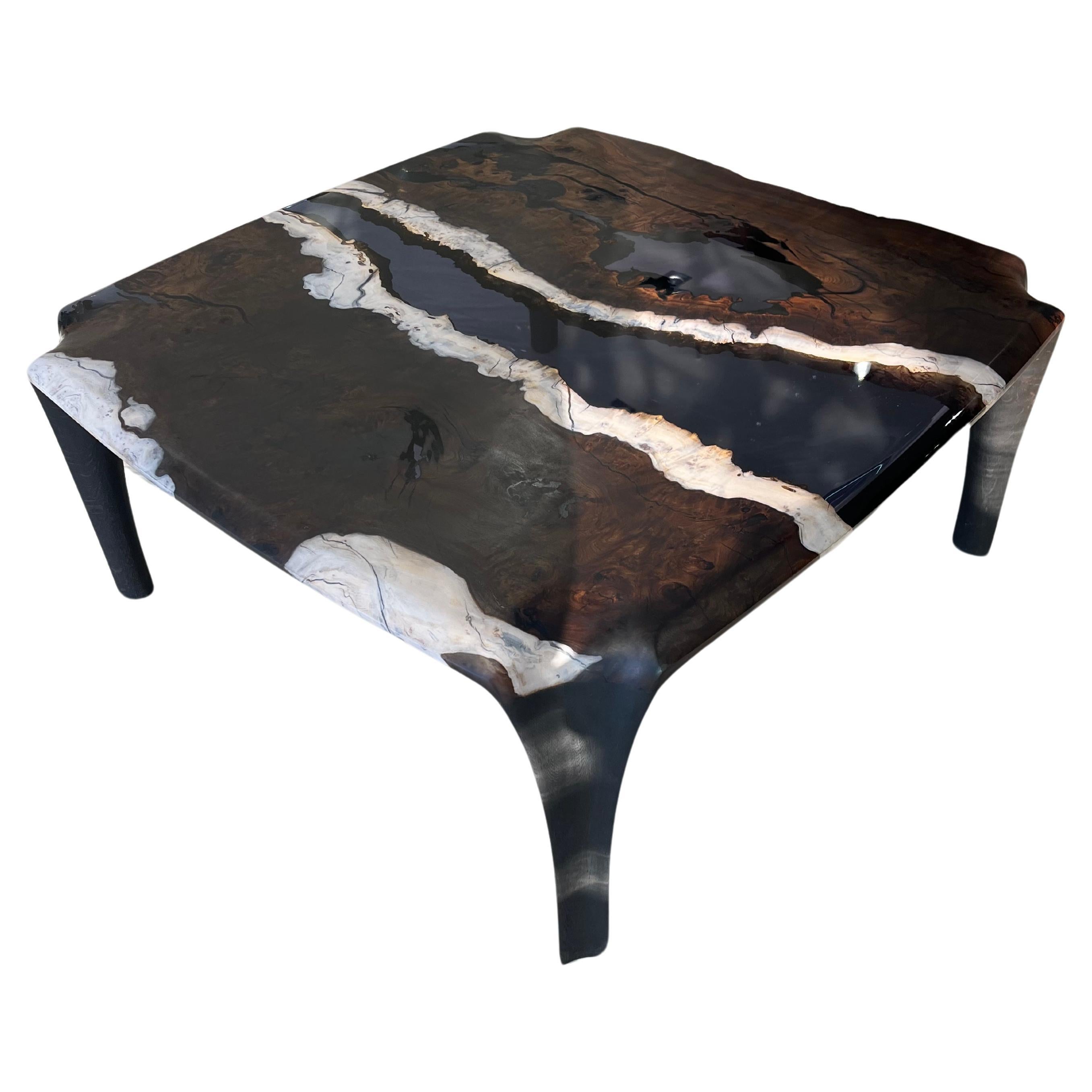 Waterfall Black Epoxy Resin Coffee Table and Walnut Wood Center Table For  Sale at 1stDibs