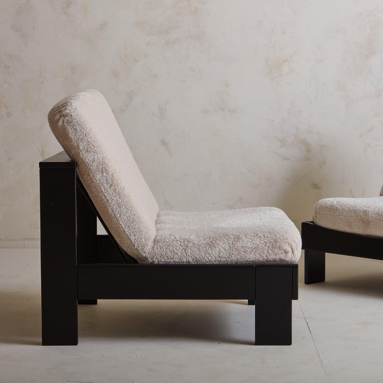Wool Black Wood Frame Lounge Chair in Cream Shearling, France, 20th Century