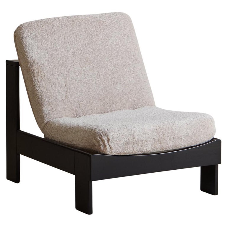 Black Wood Frame Lounge Chair in Cream Shearling, France, 20th Century