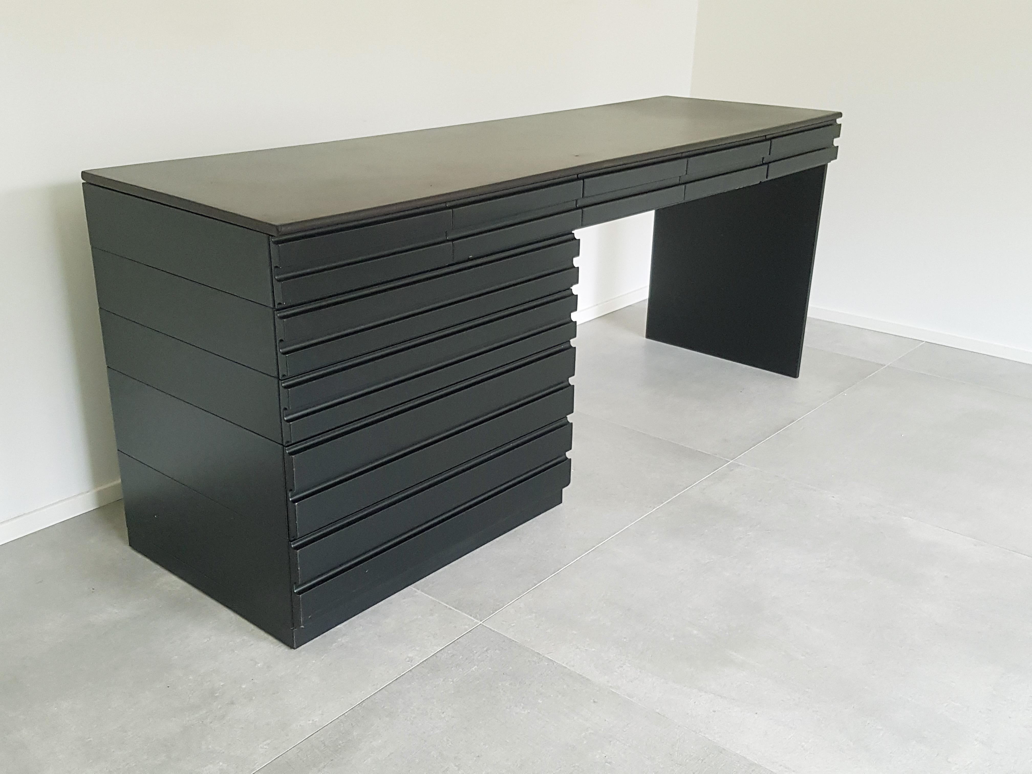 Large desk or vanity desk in black lacquered wood with top covered in leather from the series of modular cabinets 