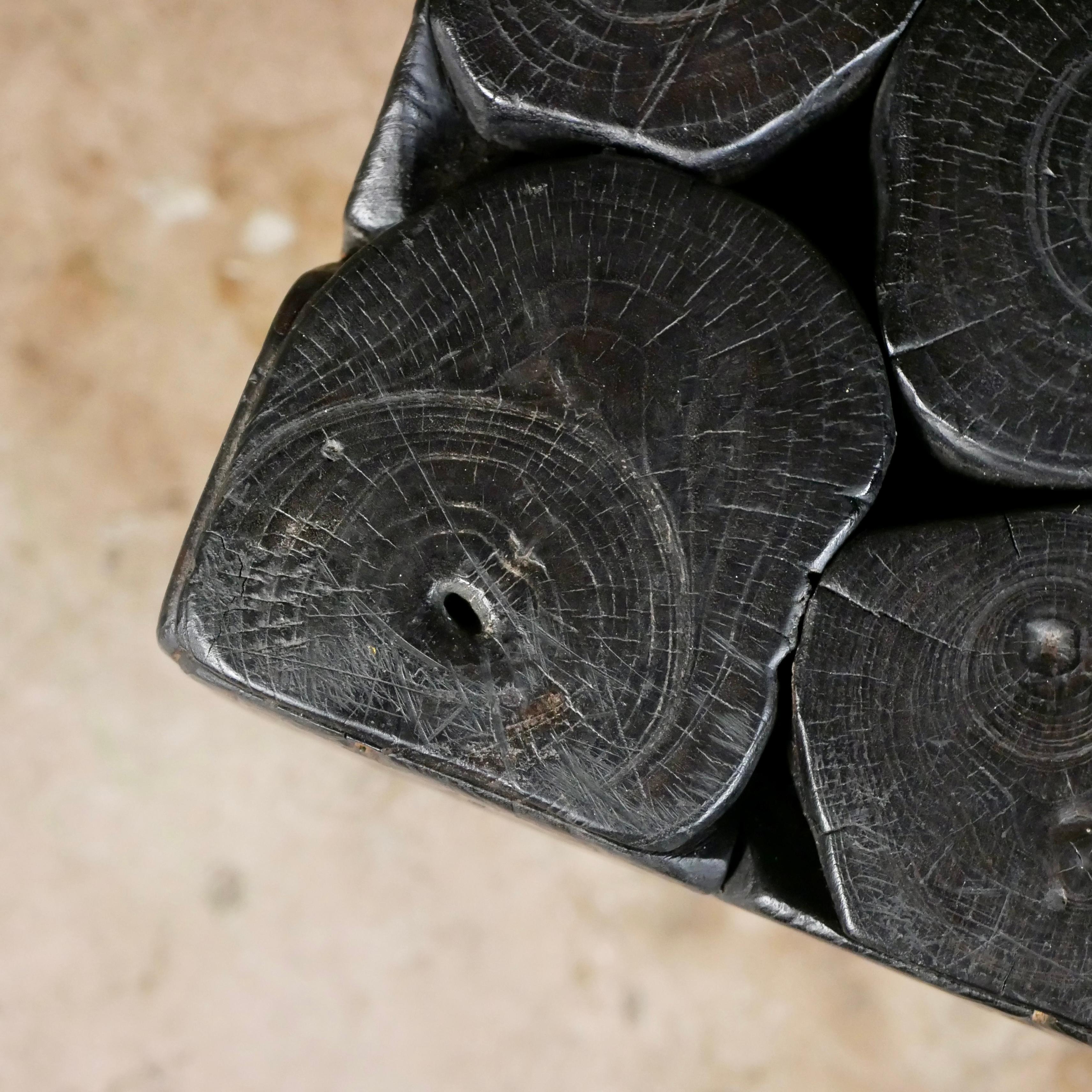 Wood Black wood log side table or stool, square shape, French work from the 1980s For Sale