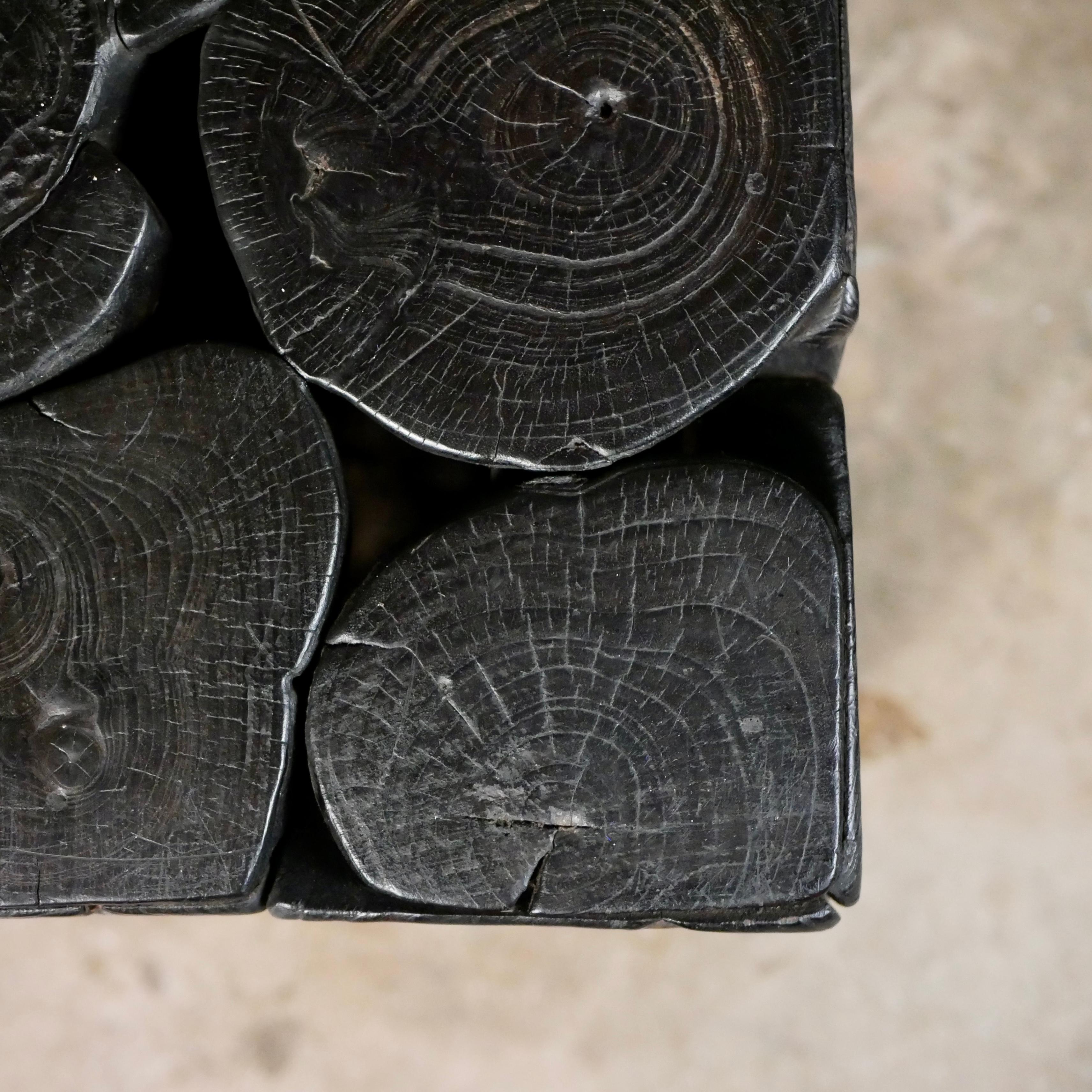 Black wood log side table or stool, square shape, French work from the 1980s For Sale 1