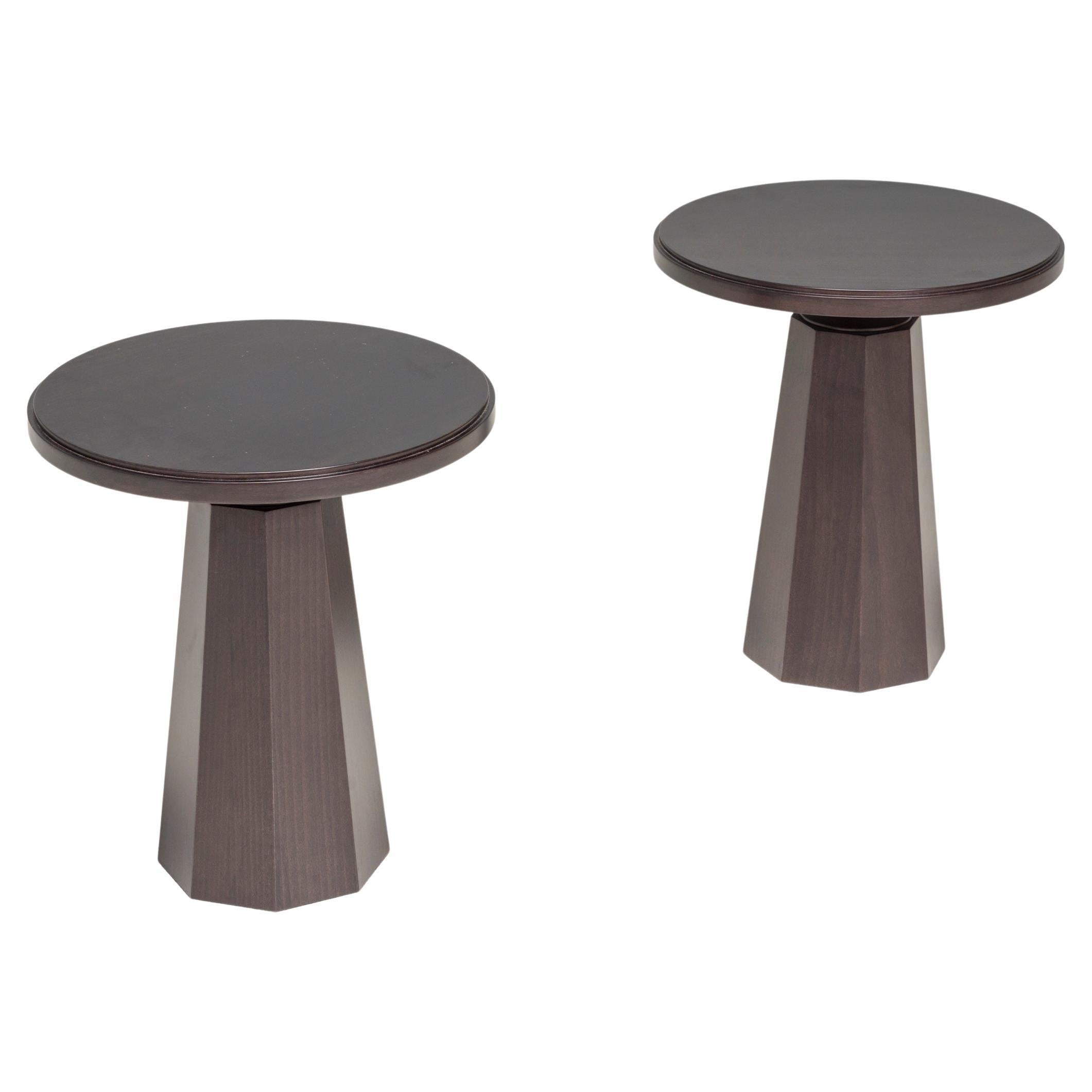 Black Wood Pedestal Round Side Tables by Kelly Forslund, Set of Two For Sale
