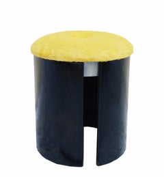 Black Wood Round Stool with Yellow Fabric Cushion, Italy 1970s