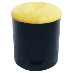 Vintage Black Wood Round Stool with Yellow Fabric Cushion, Italy 1970s