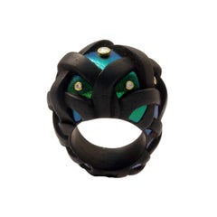 Black Wood Scarab Diamond 18 Karat Gold Basket Ring
