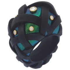 Black Wood Scarab Diamond 18 Karat Gold Basket Ring