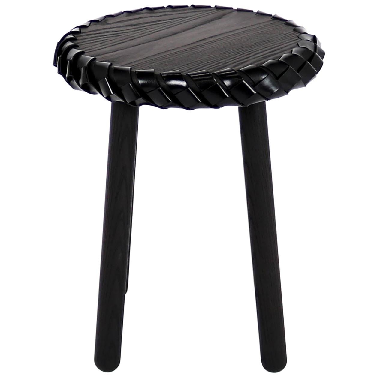 Black Wood Stool/Table Braided with Black Leather by Debra Folz