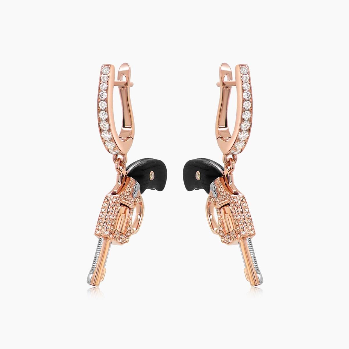Mixed Cut Black Wood, White & Fancy Diamond 18K Rose Gold Gun Earrings For Sale