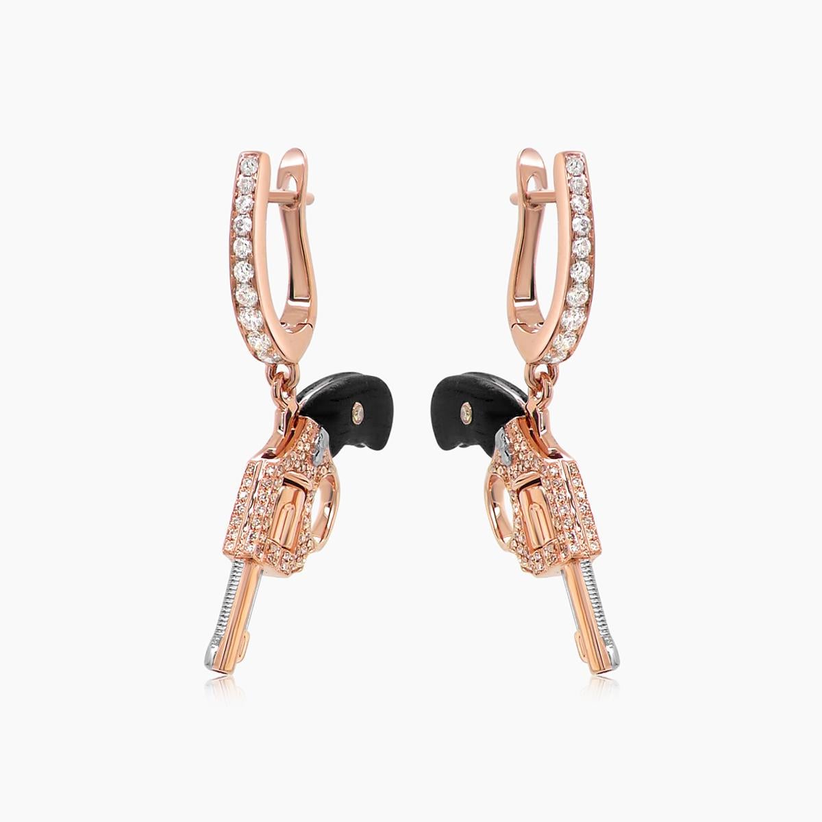 Black Wood, White & Fancy Diamond 18K Rose Gold Gun Earrings In New Condition For Sale In Oakton, VA