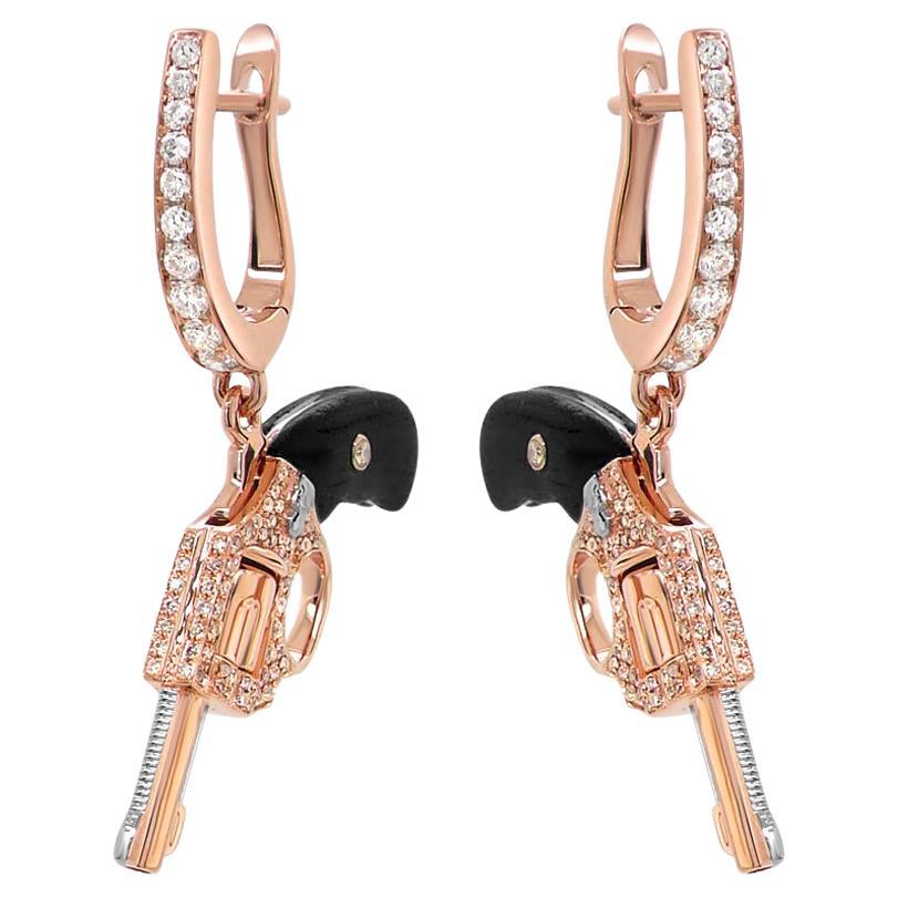 Black Wood, White & Fancy Diamond 18K Rose Gold Gun Earrings For Sale