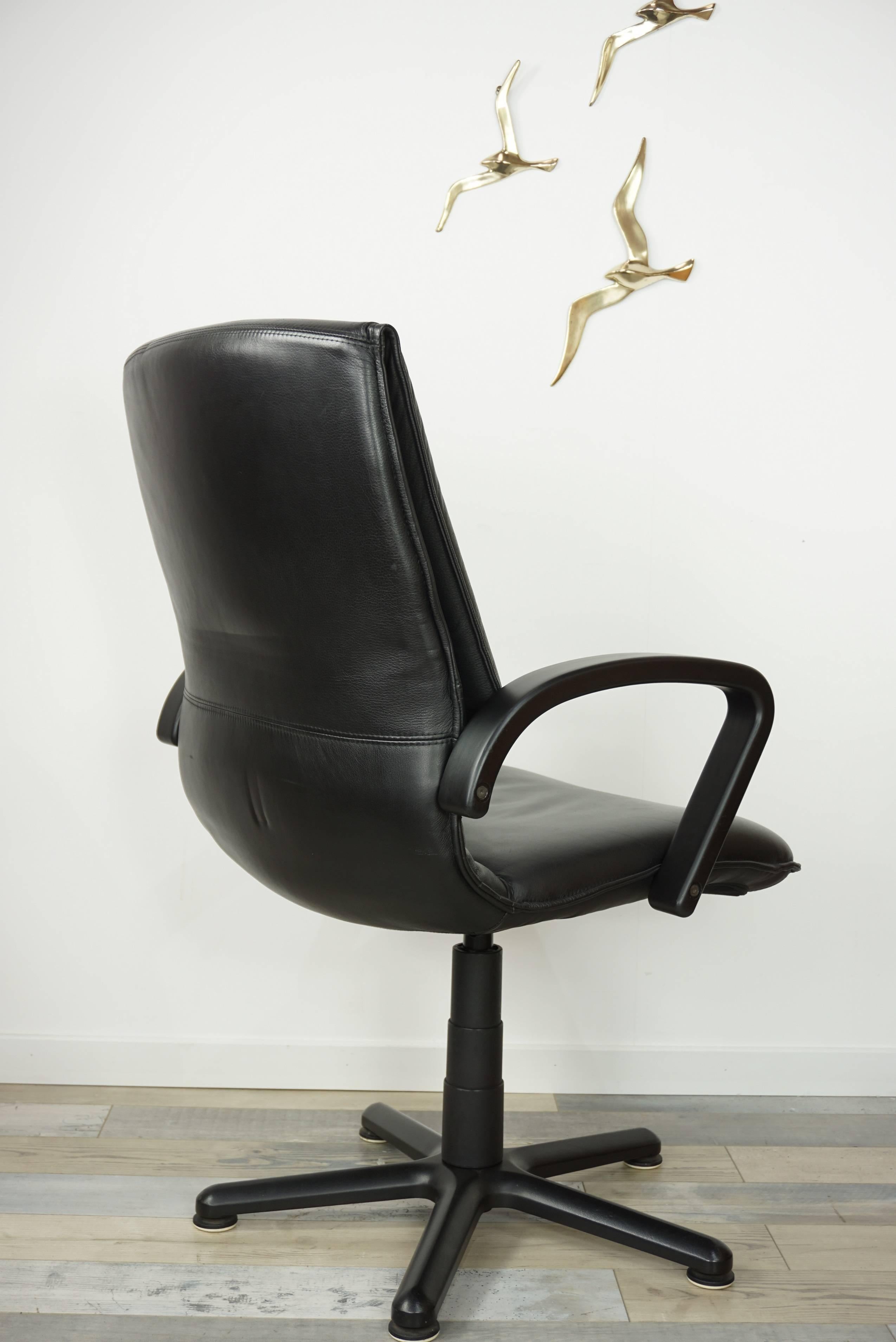 Black Wooden and Black Leather Swivel Office Design Armchair 4