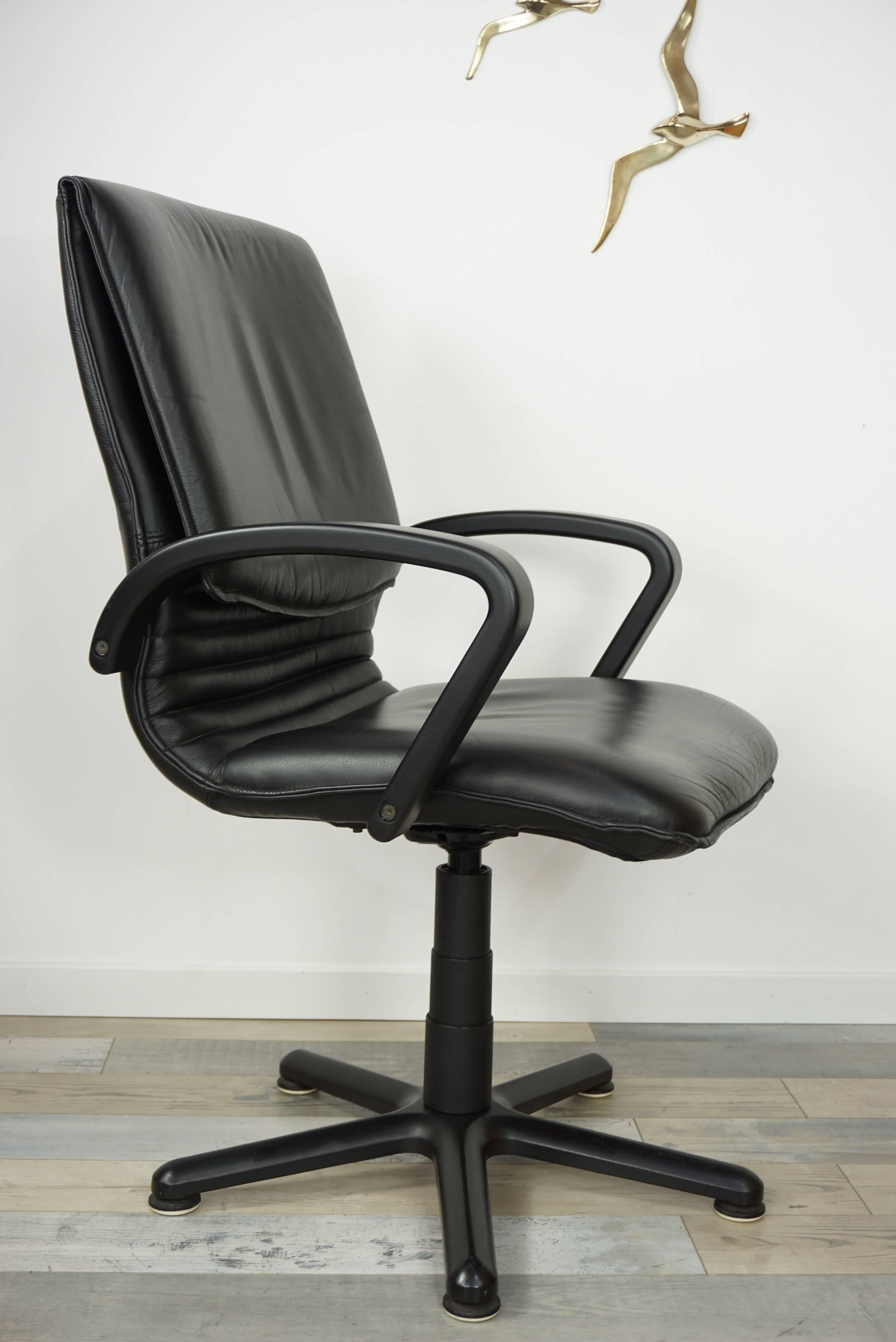 Black Wooden and Black Leather Swivel Office Design Armchair 5