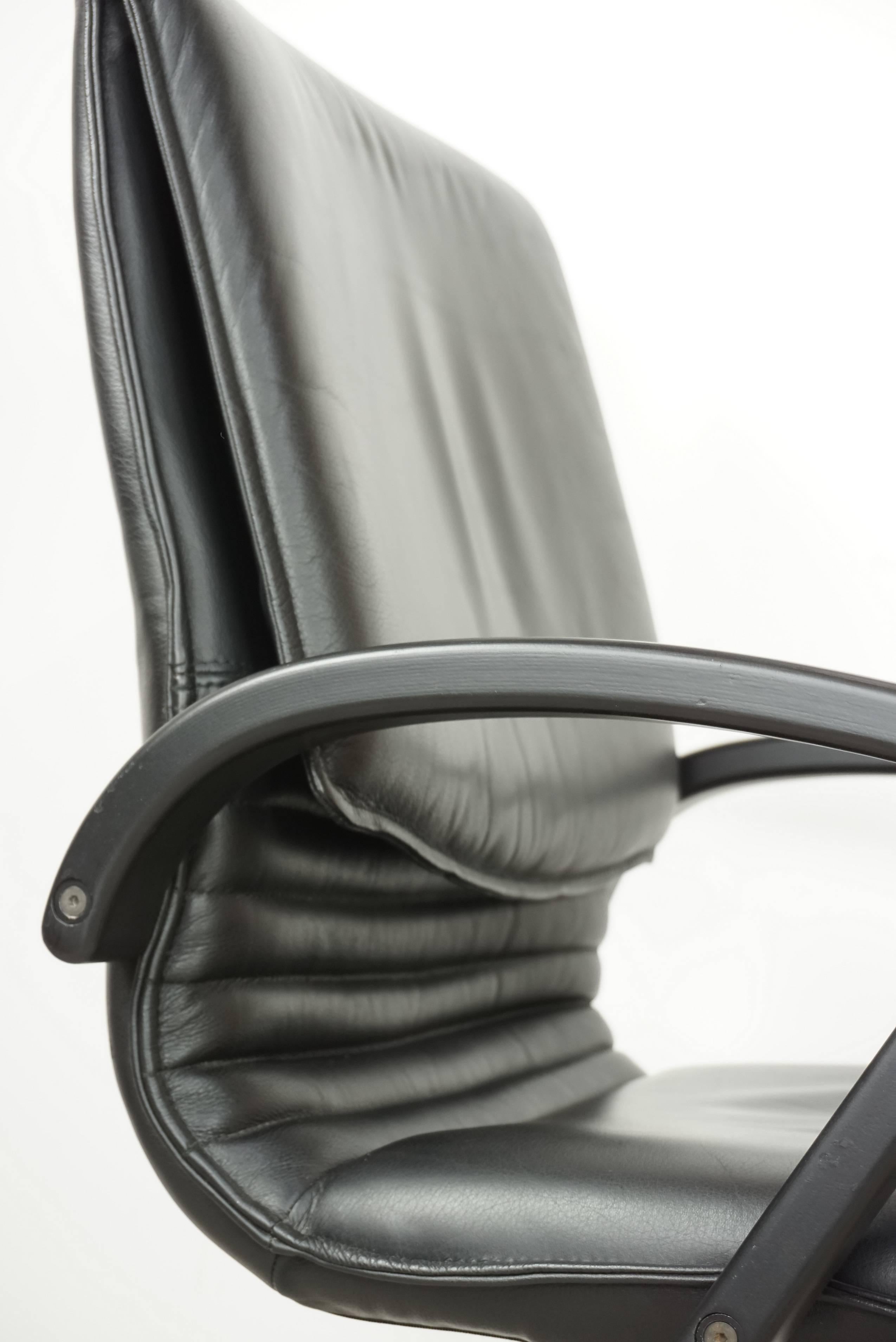 Black Wooden and Black Leather Swivel Office Design Armchair 6