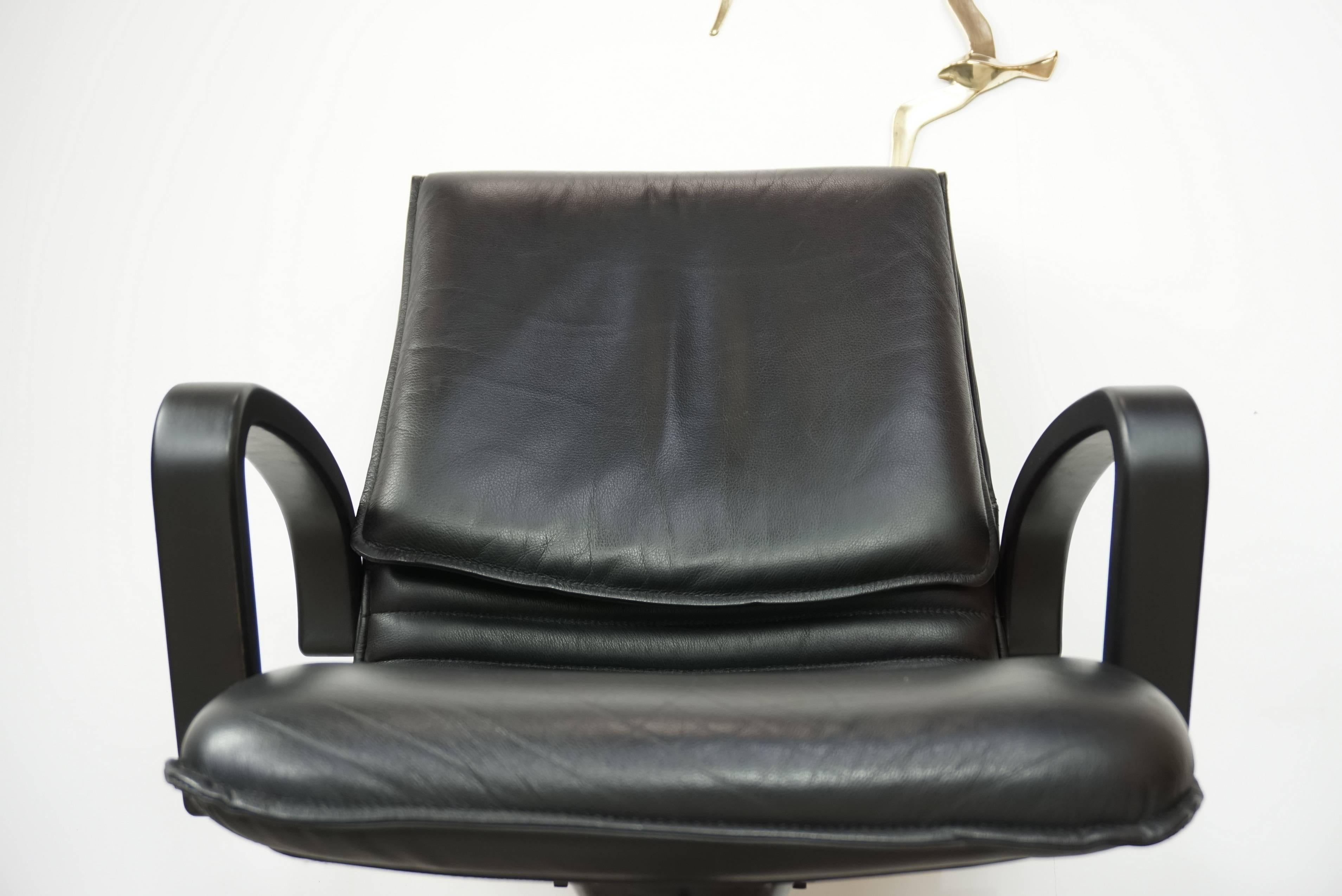 Black Wooden and Black Leather Swivel Office Design Armchair 7