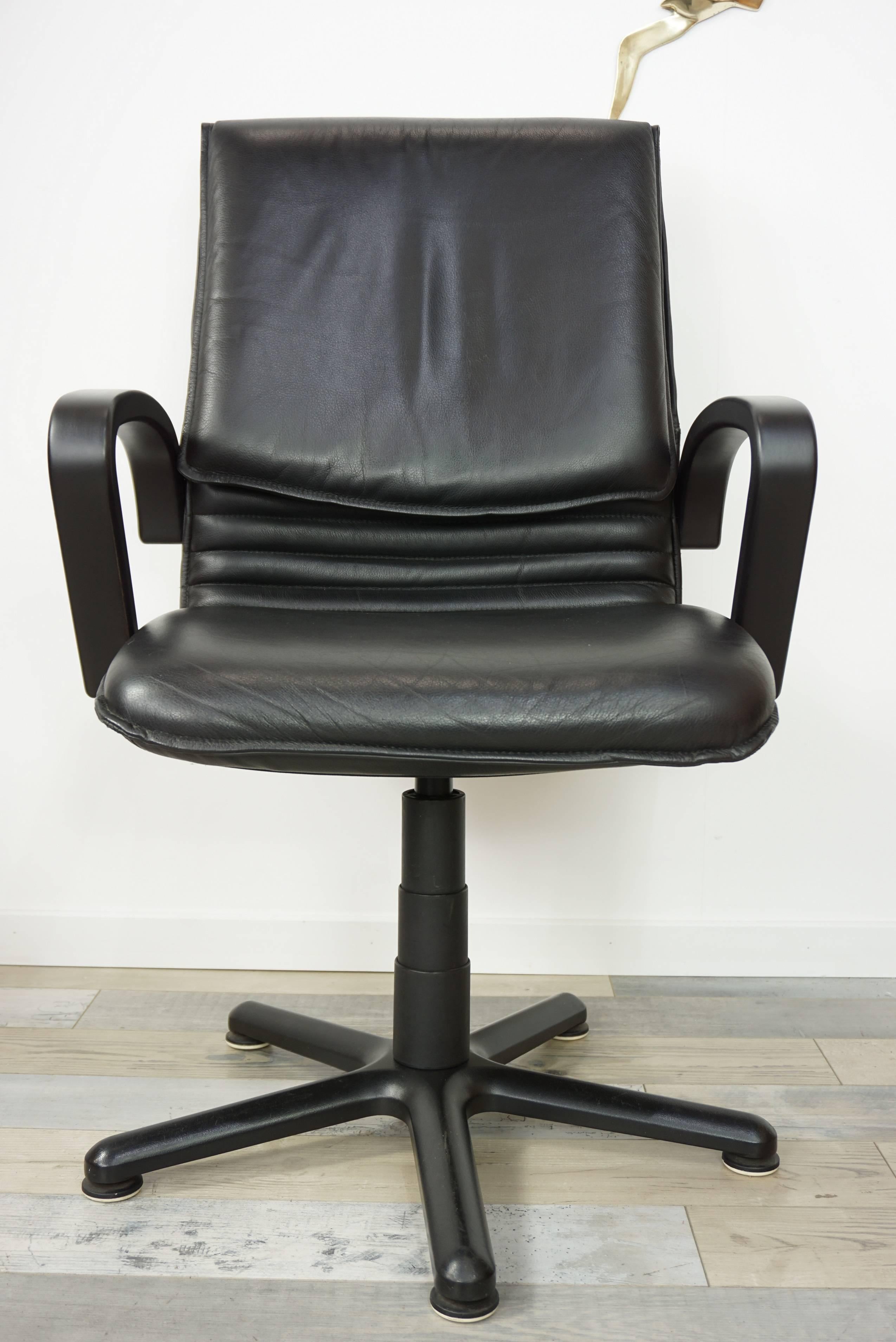 Black Wooden and Black Leather Swivel Office Design Armchair 8