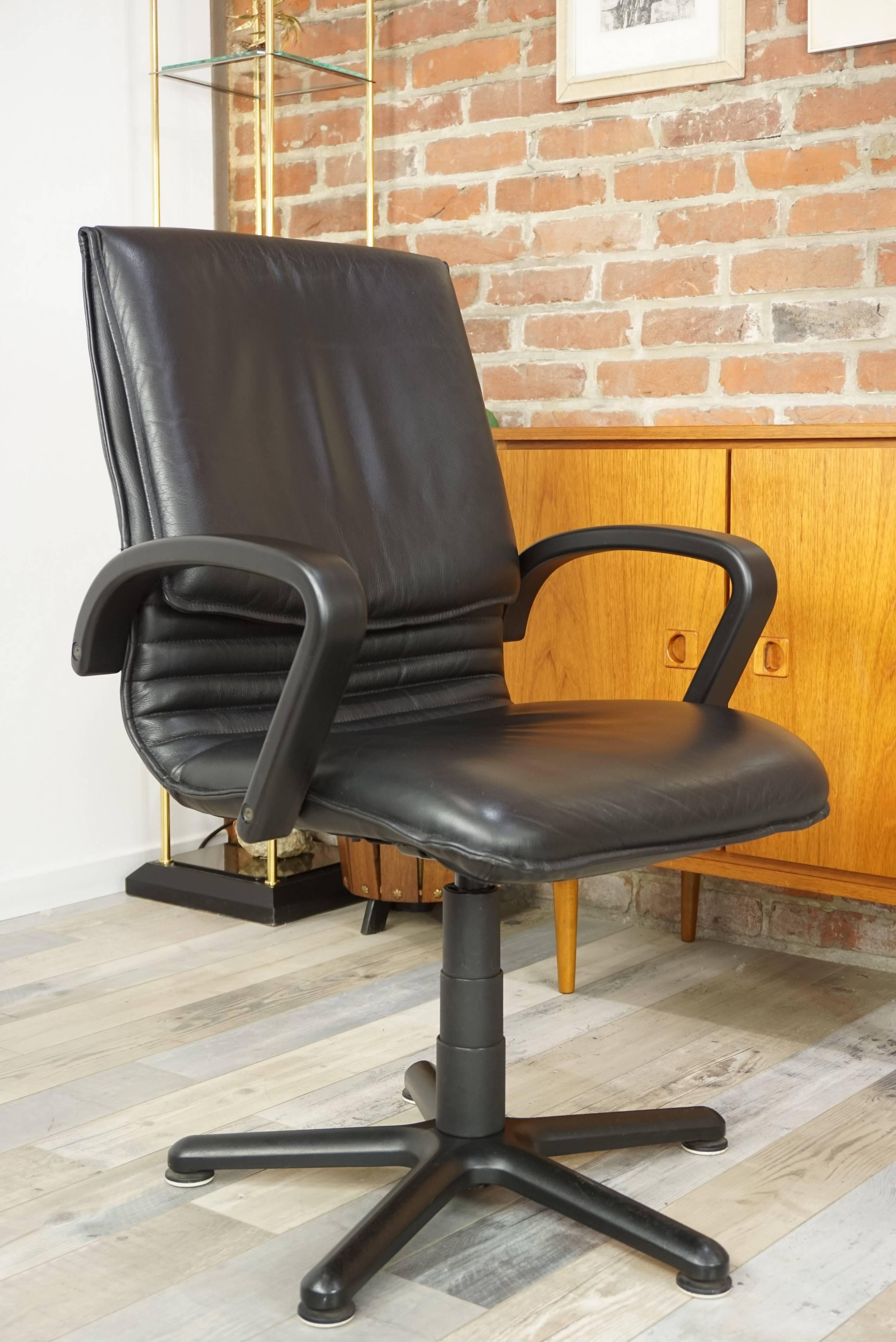 Black Wooden and Black Leather Swivel Office Design Armchair 9