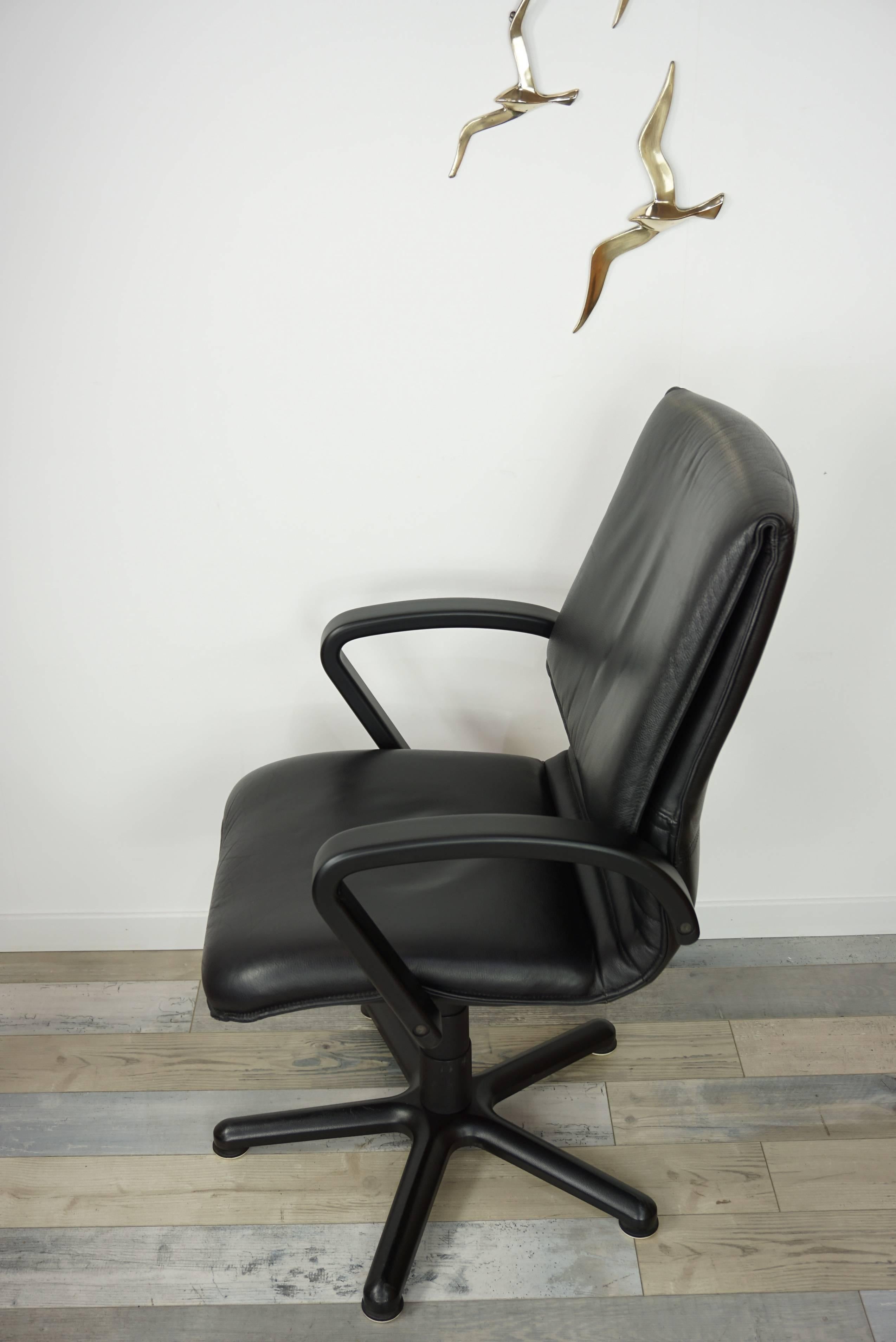 20th Century Black Wooden and Black Leather Swivel Office Design Armchair