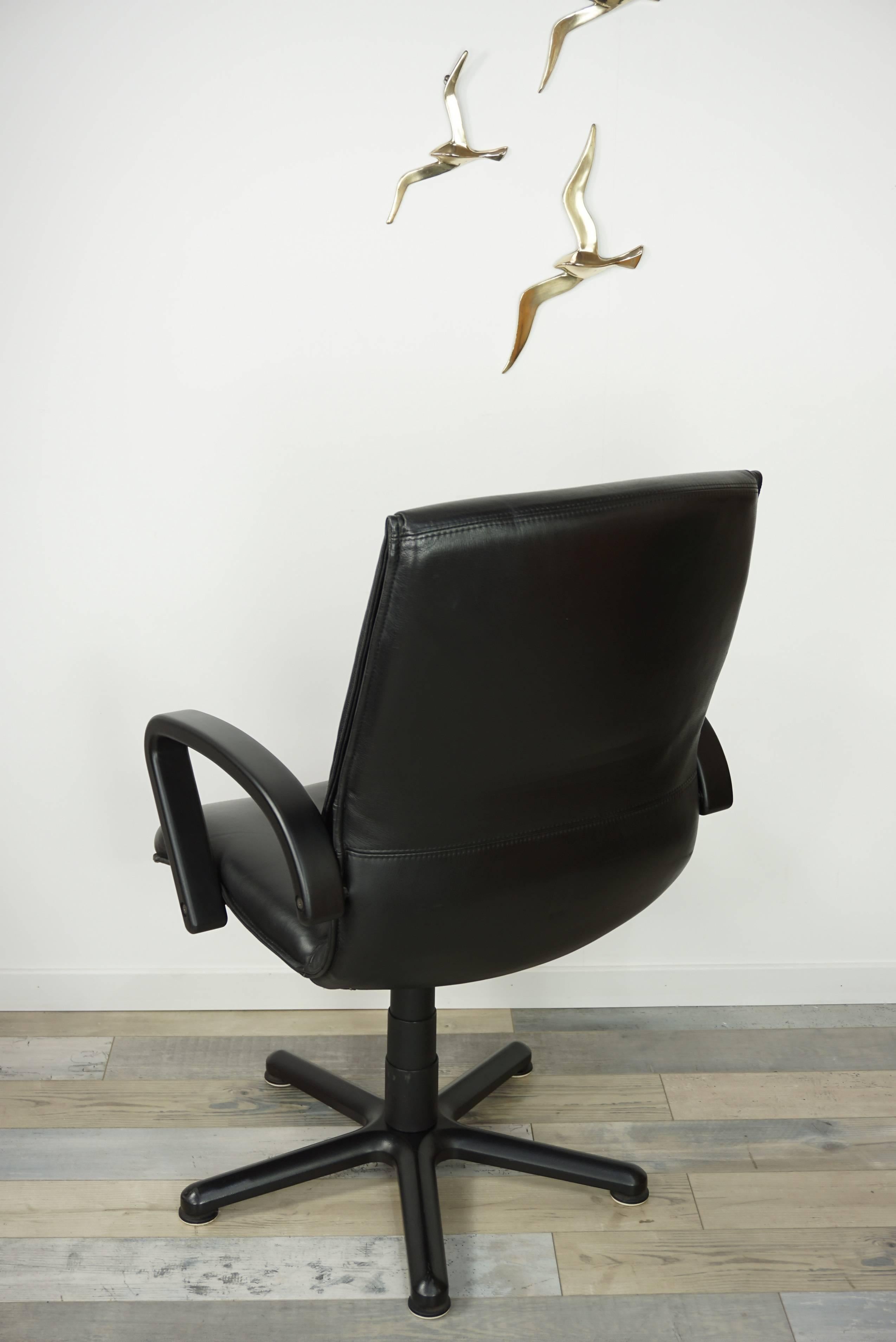 Black Wooden and Black Leather Swivel Office Design Armchair 1