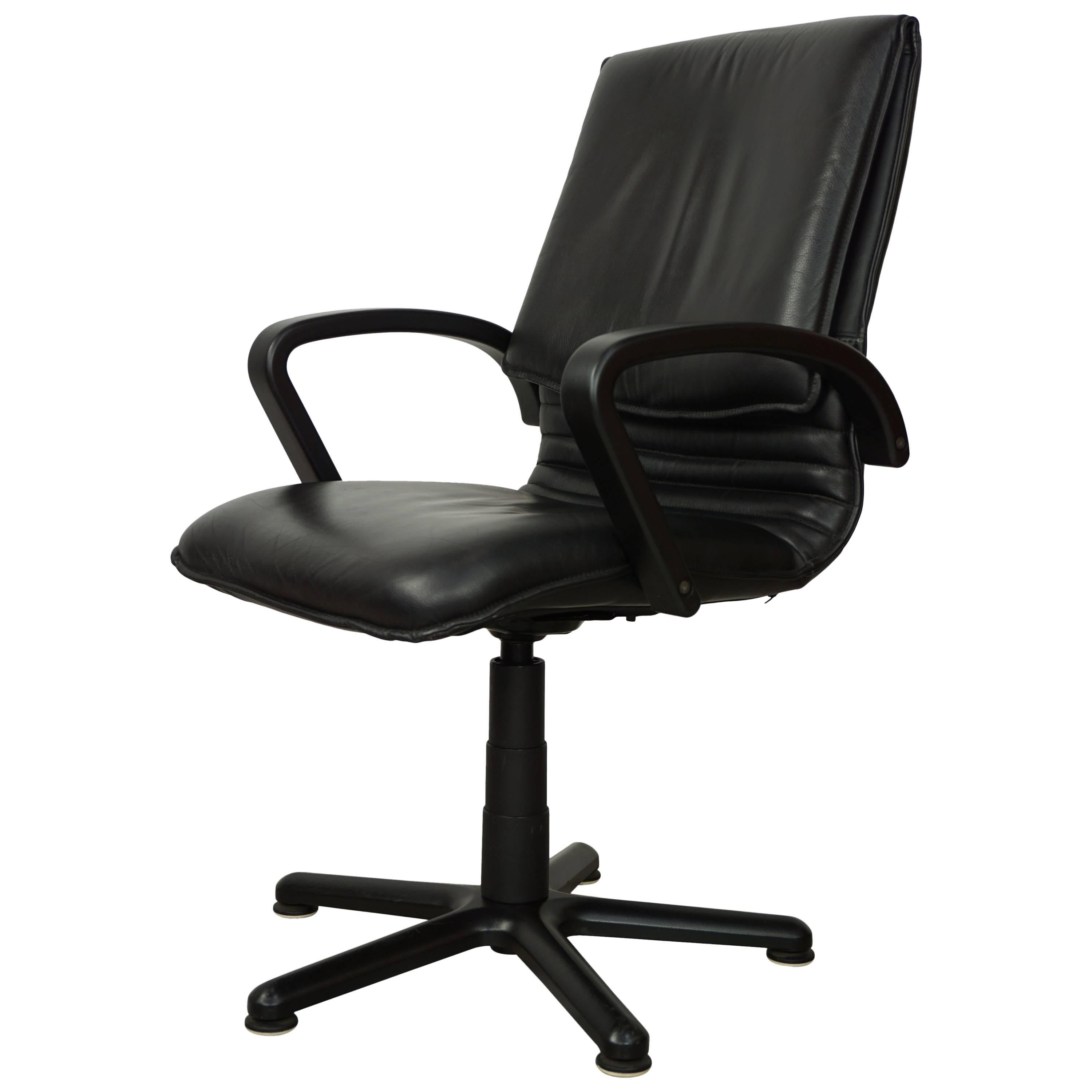Black Wooden and Black Leather Swivel Office Design Armchair