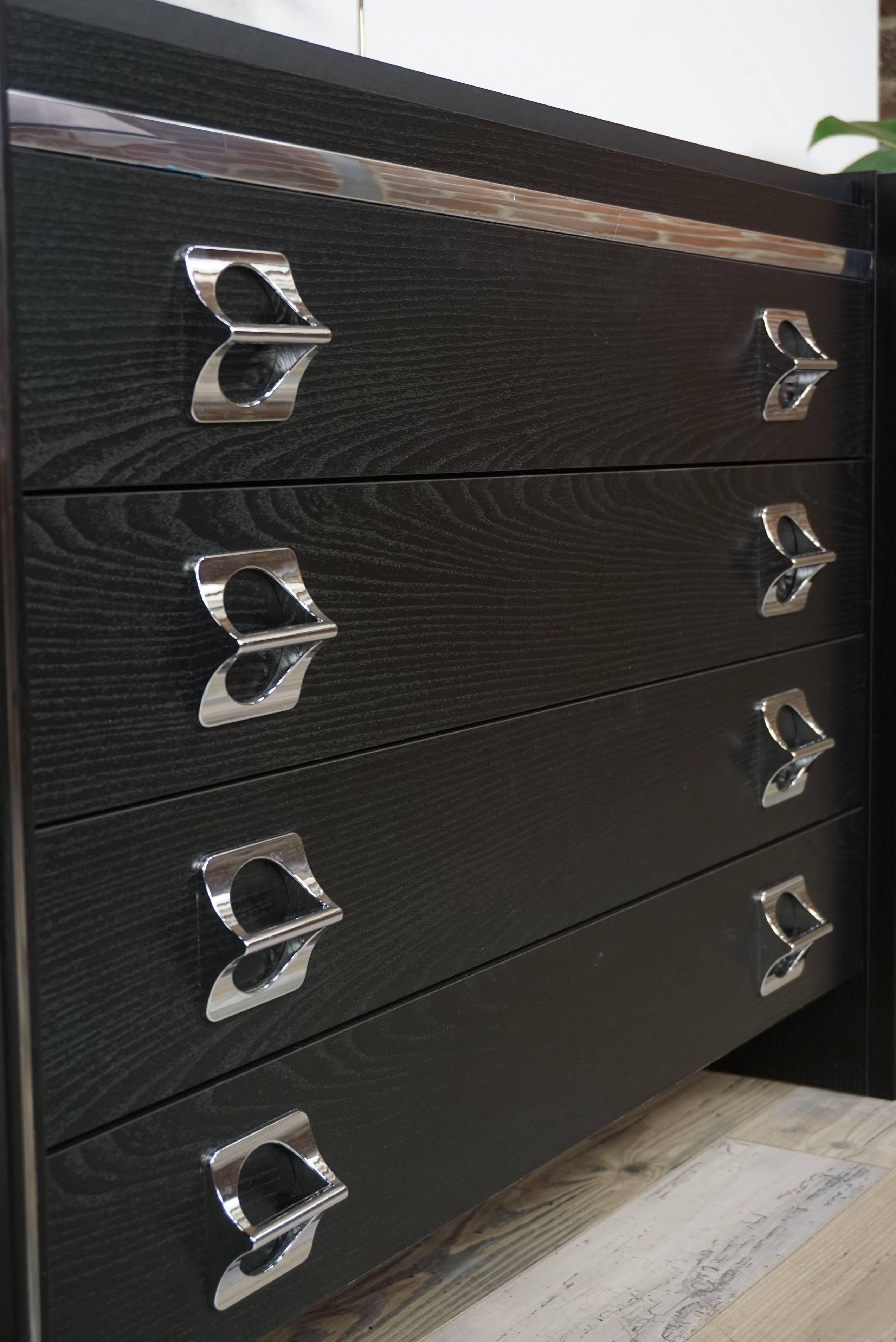 20th Century Black Wooden and Chromed Chest of Drawers
