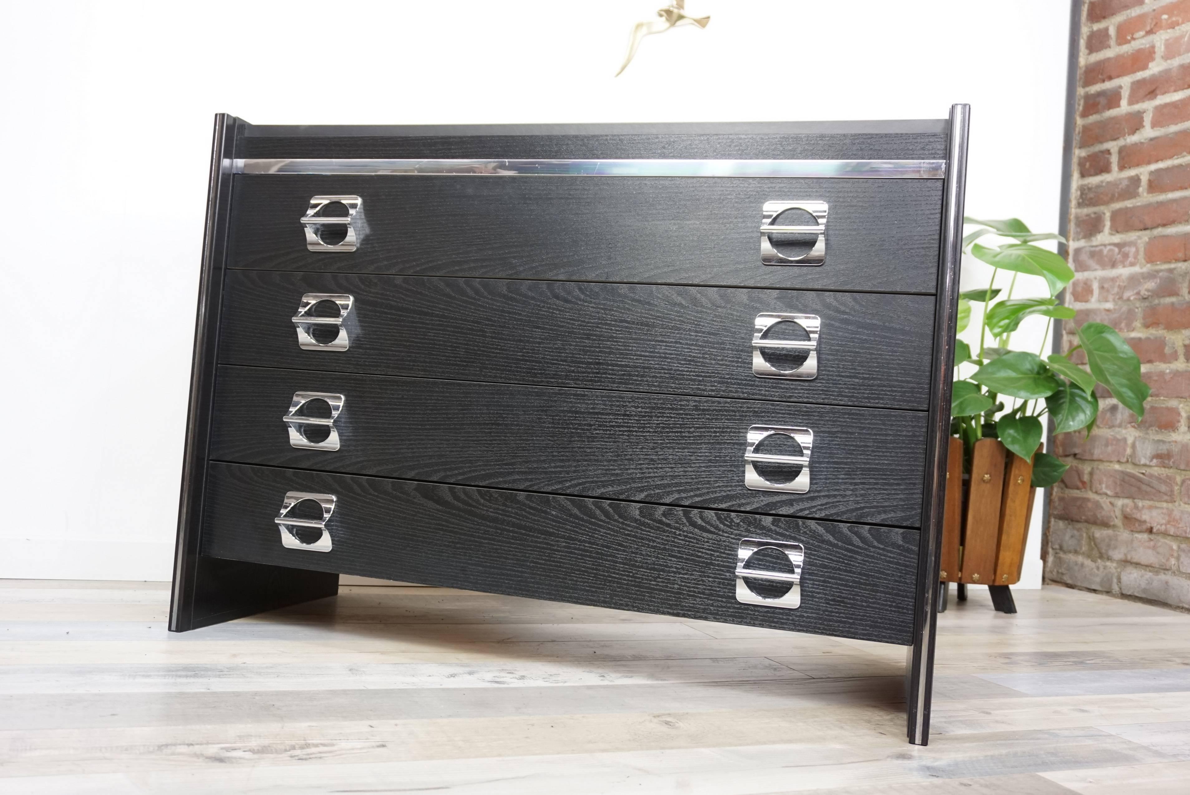 Resin Black Wooden and Chromed Chest of Drawers