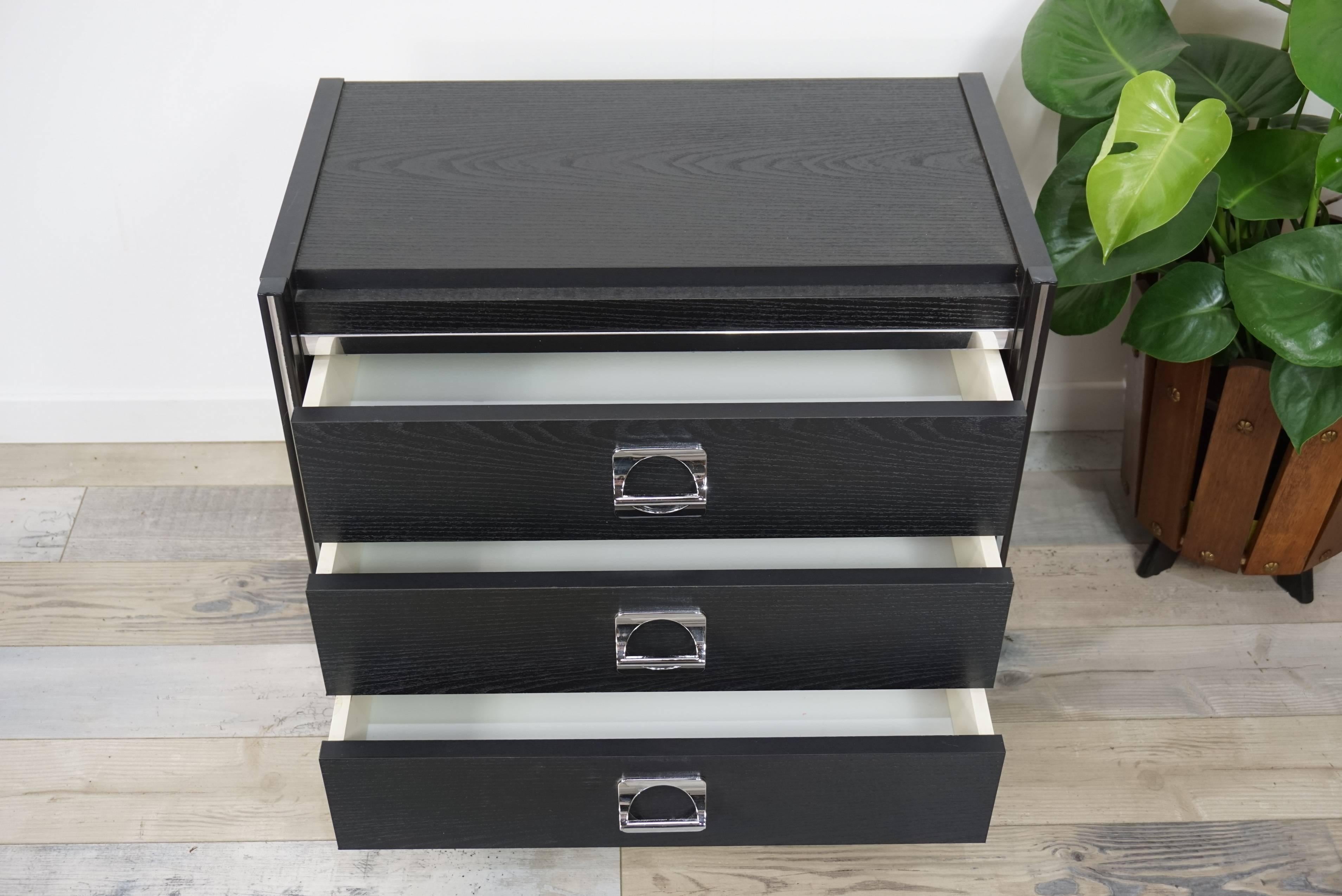 20th Century Black Wooden and Chromed Little Chest of Drawers / Bedside Table