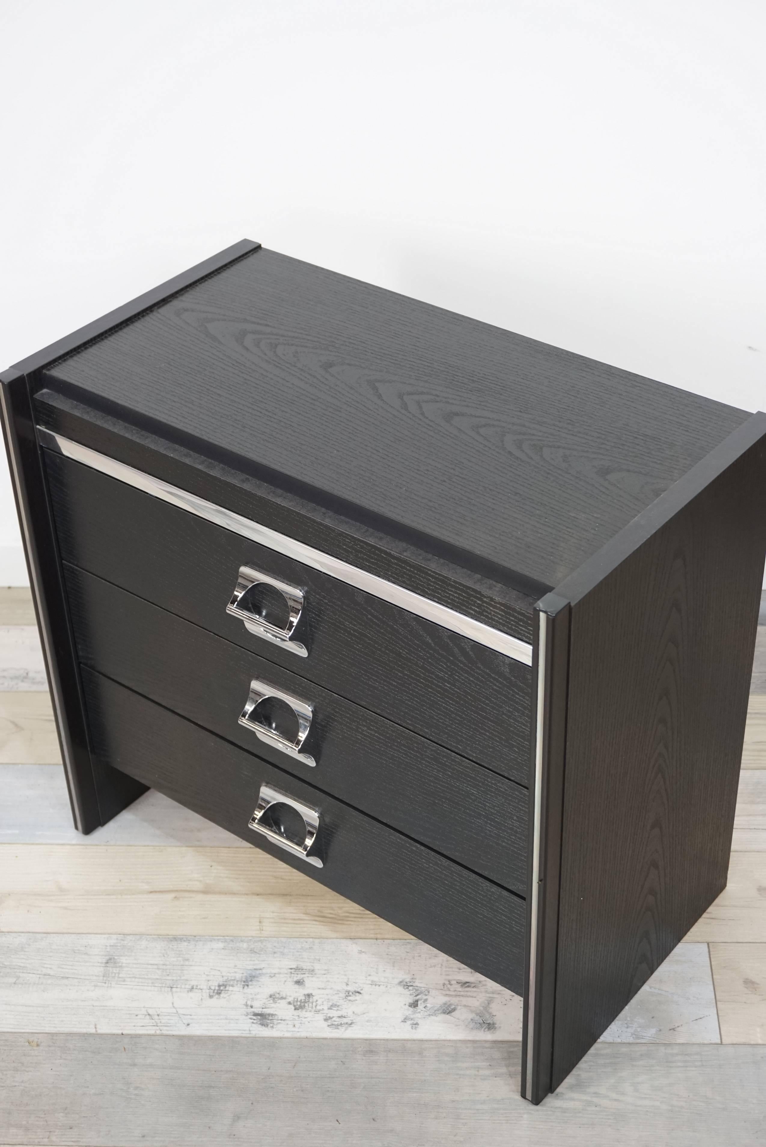 Resin Black Wooden and Chromed Little Chest of Drawers / Bedside Table