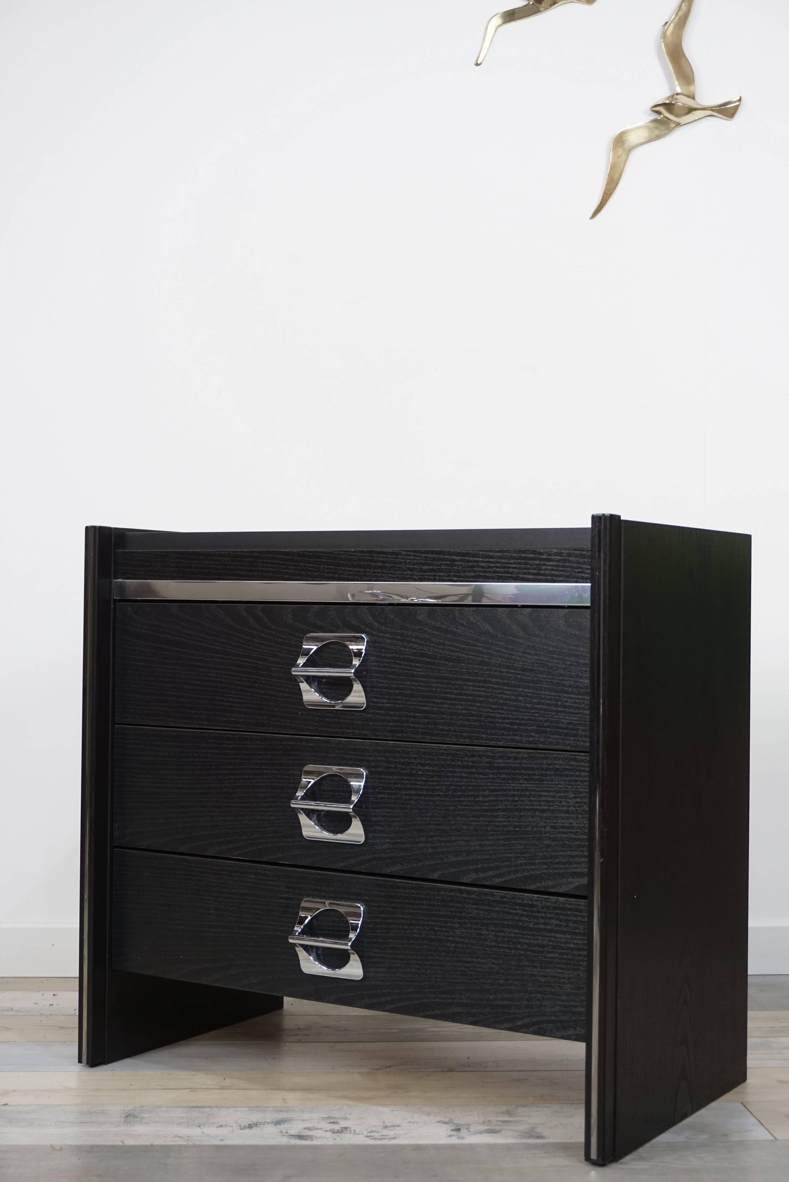 Black Wooden and Chromed Little Chest of Drawers / Bedside Table 1