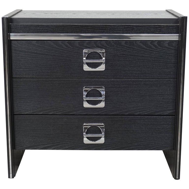 Black Wooden And Chromed Little Chest Of Drawers Bedside Table