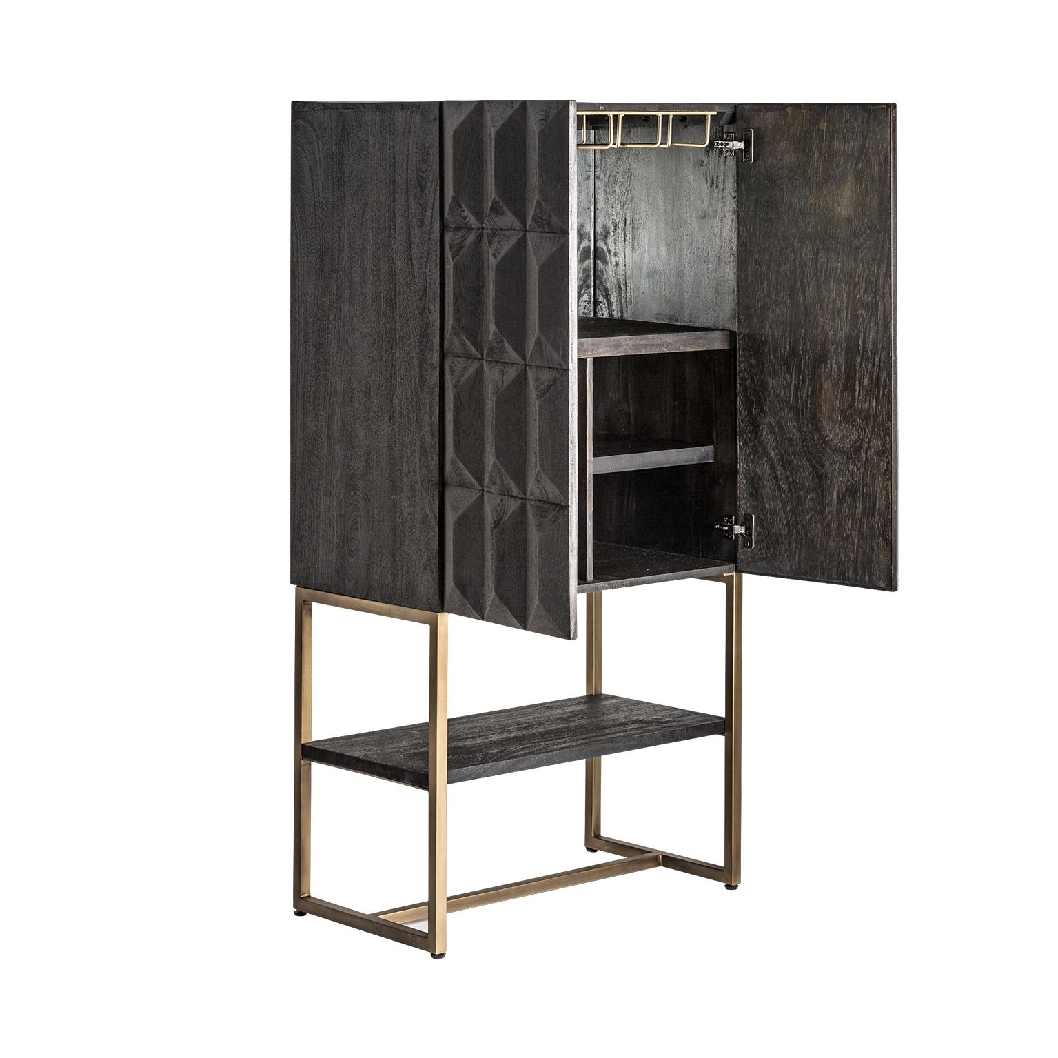 European Black Wooden Dry Bar Cabinet Brutalist Style with Graphic Patterns