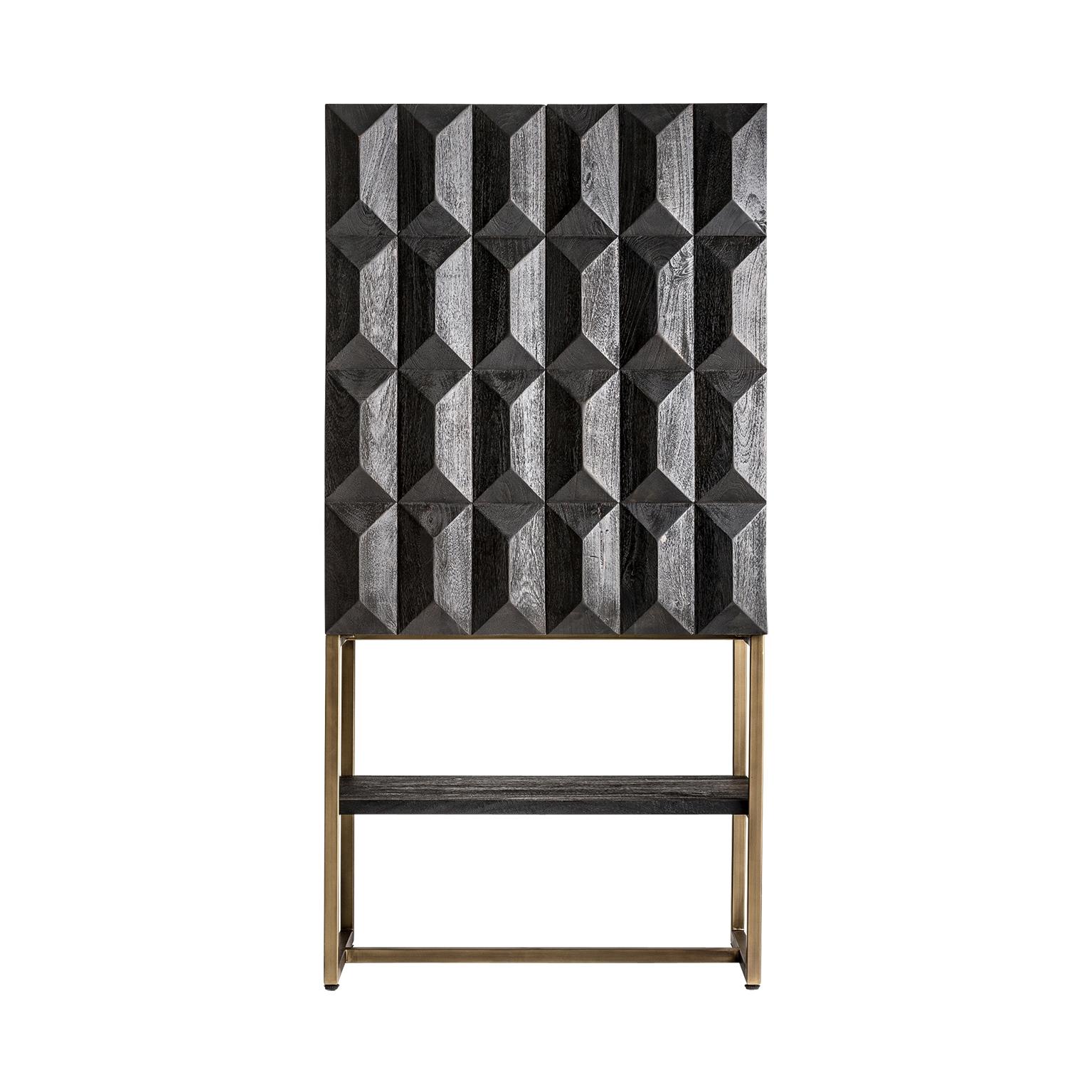 Contemporary Black Wooden Dry Bar Cabinet Brutalist Style with Graphic Patterns