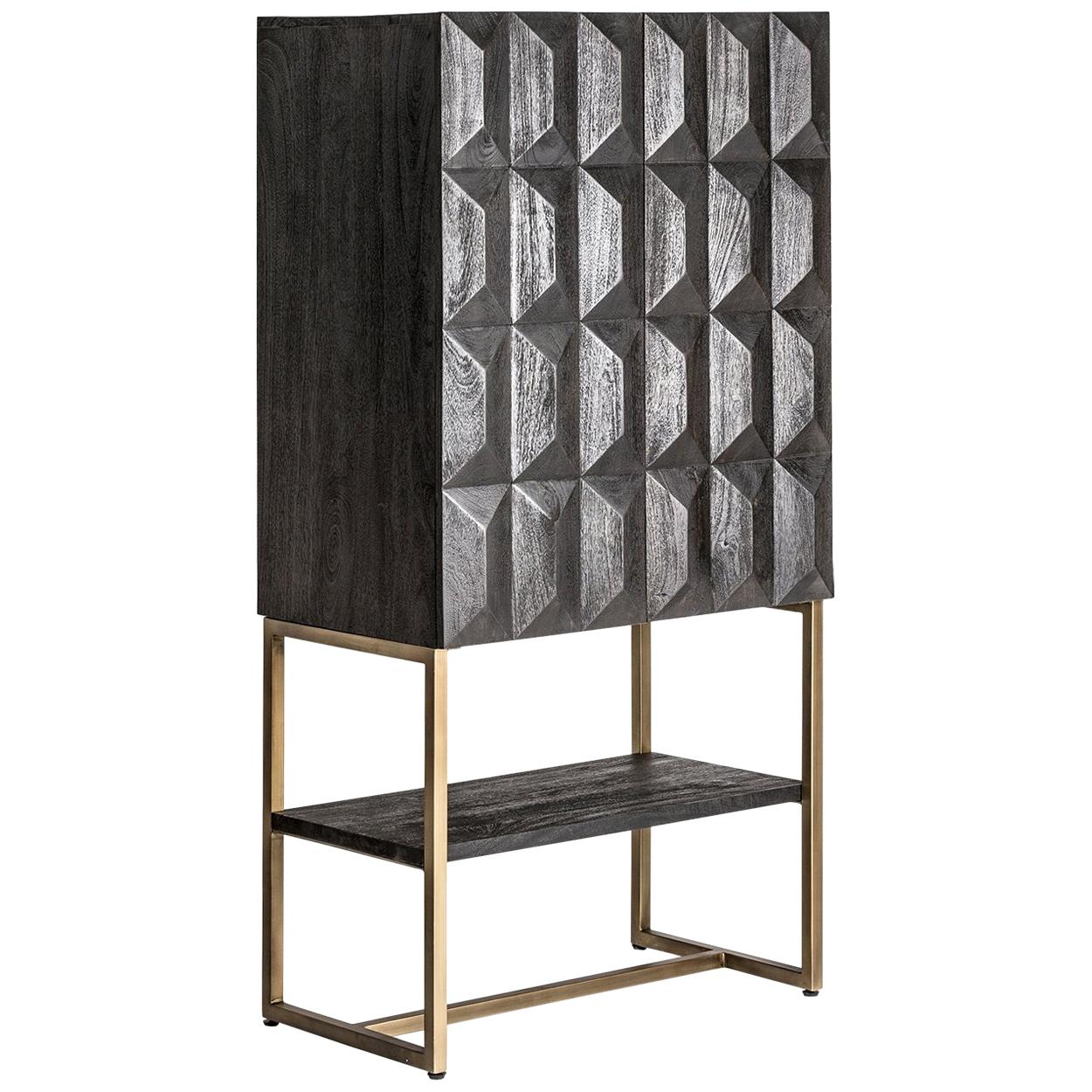 Black Wooden Dry Bar Cabinet Brutalist Style with Graphic Patterns