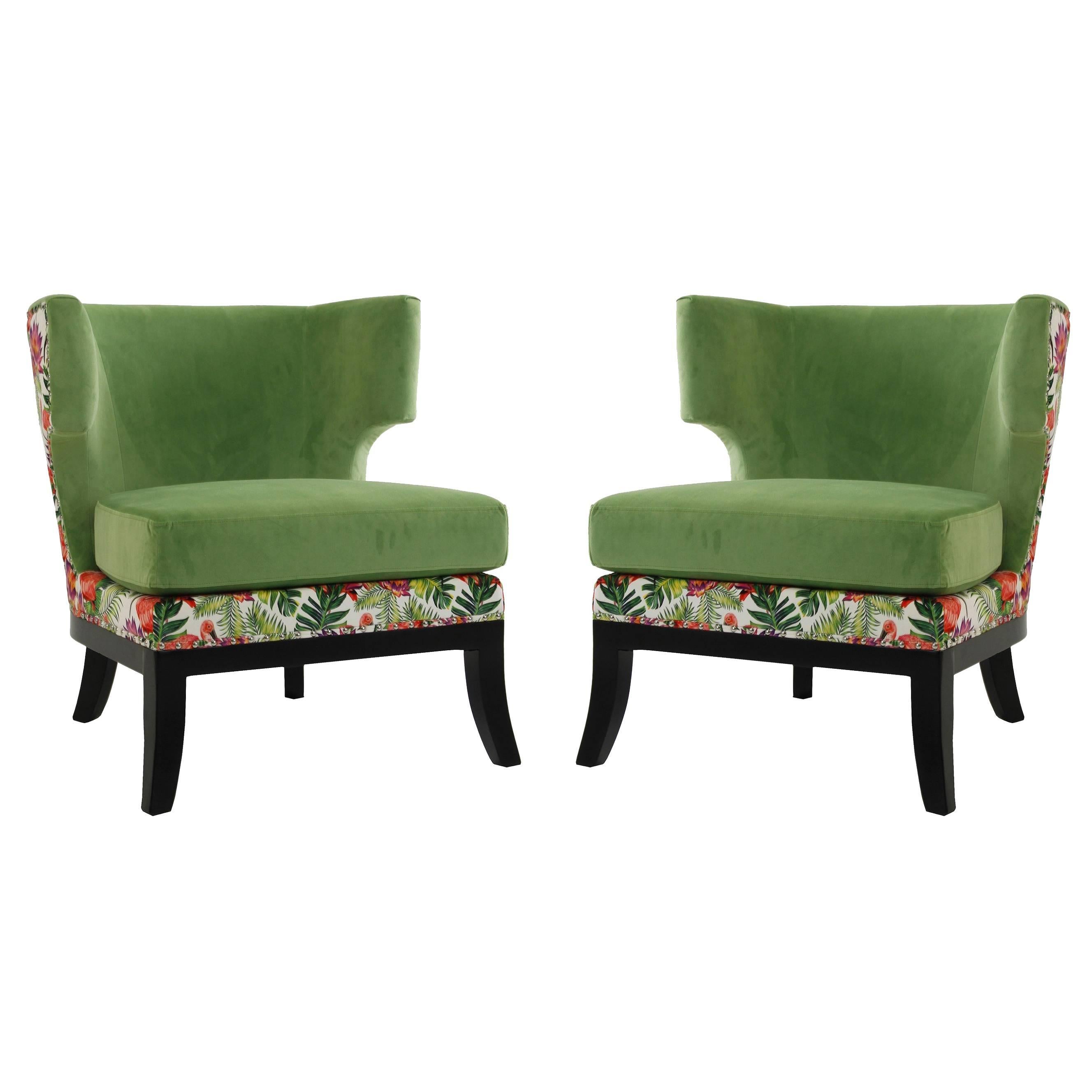 Black Wooden Feet and Green Velvet Jungle Pair of Armchairs