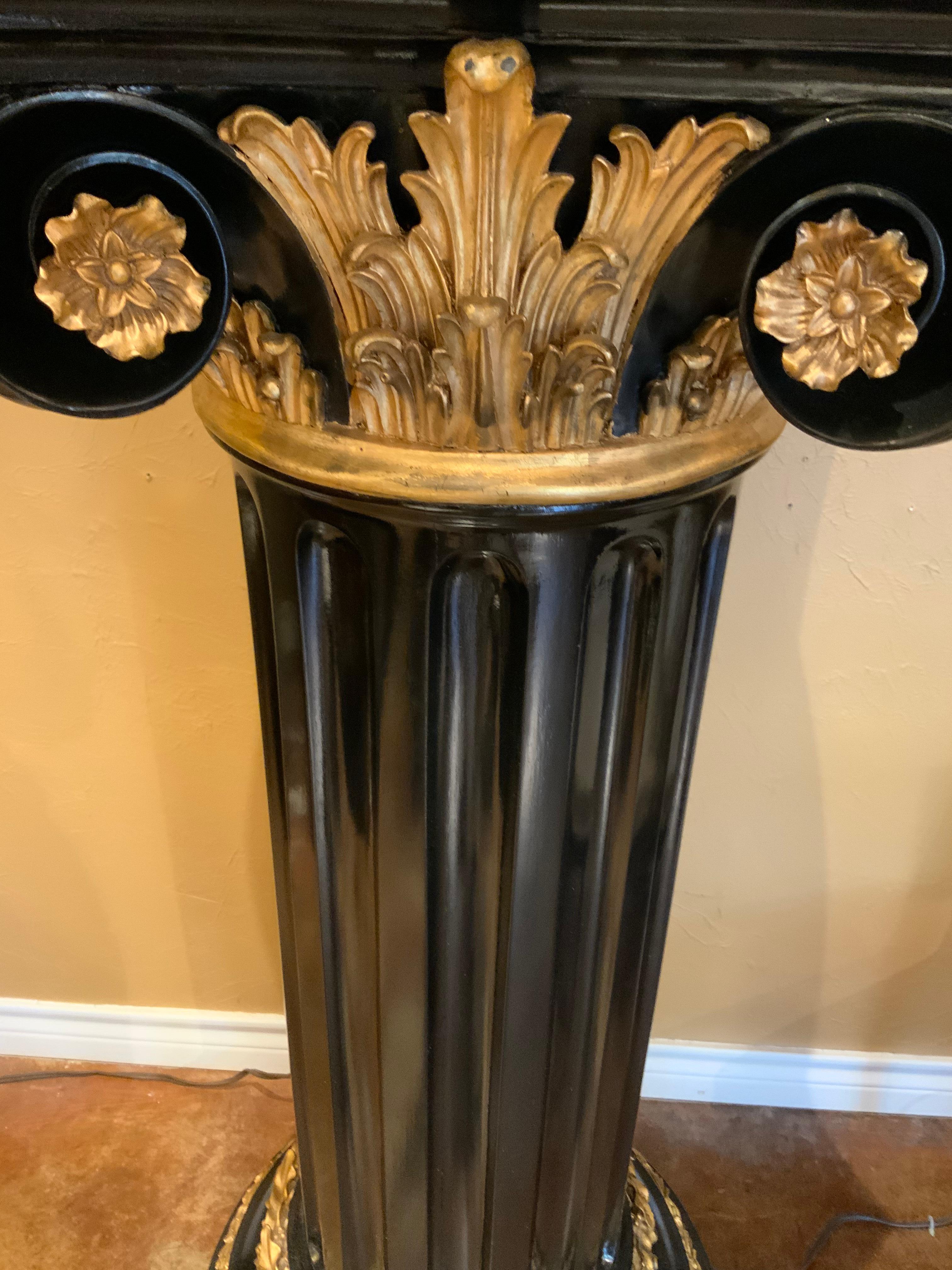 Neoclassical Black Wooden Painted Ionic Fluted Pedestal with Gilt Accents