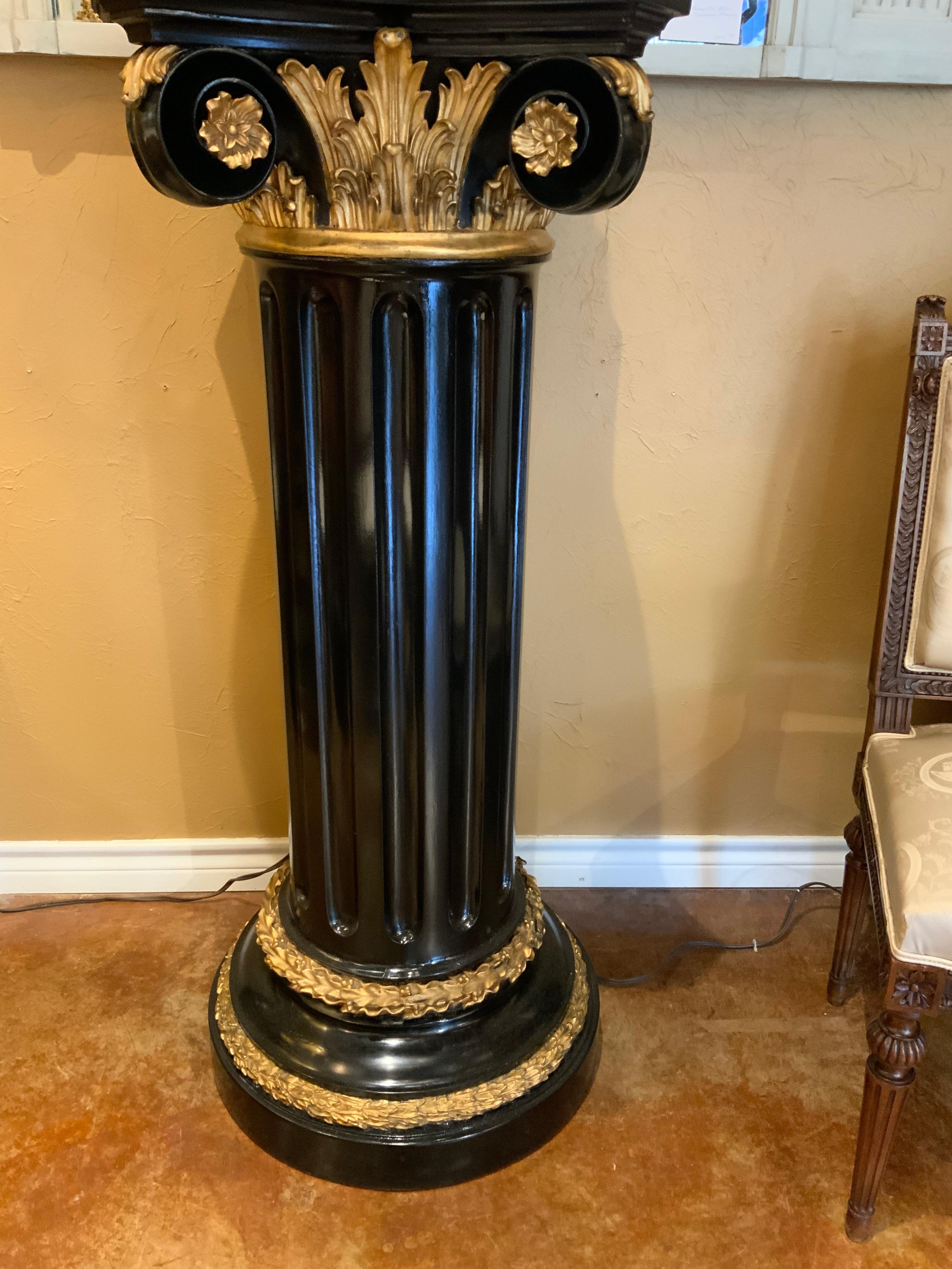 Italian Black Wooden Painted Ionic Fluted Pedestal with Gilt Accents