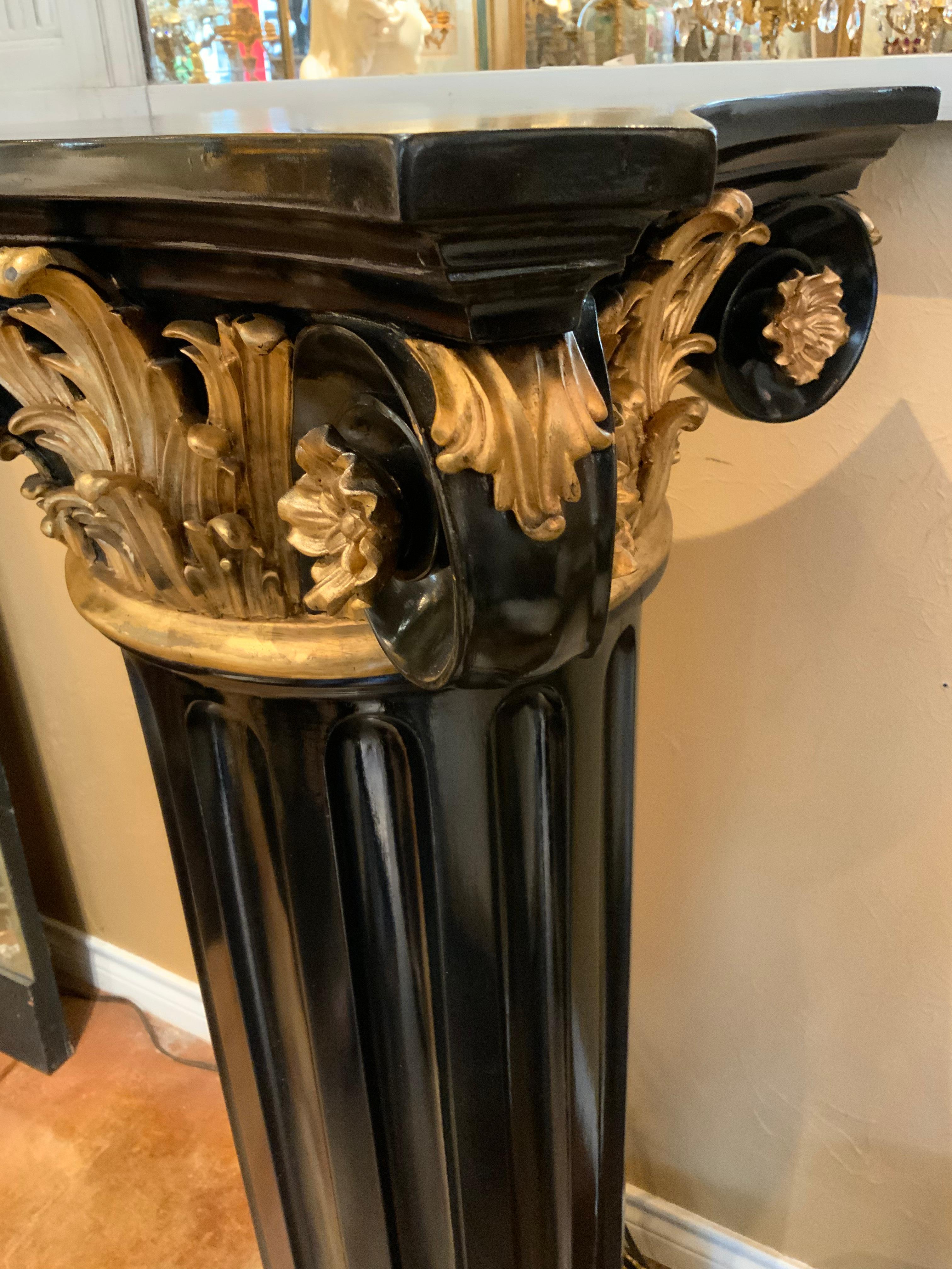 Polychromed Black Wooden Painted Ionic Fluted Pedestal with Gilt Accents
