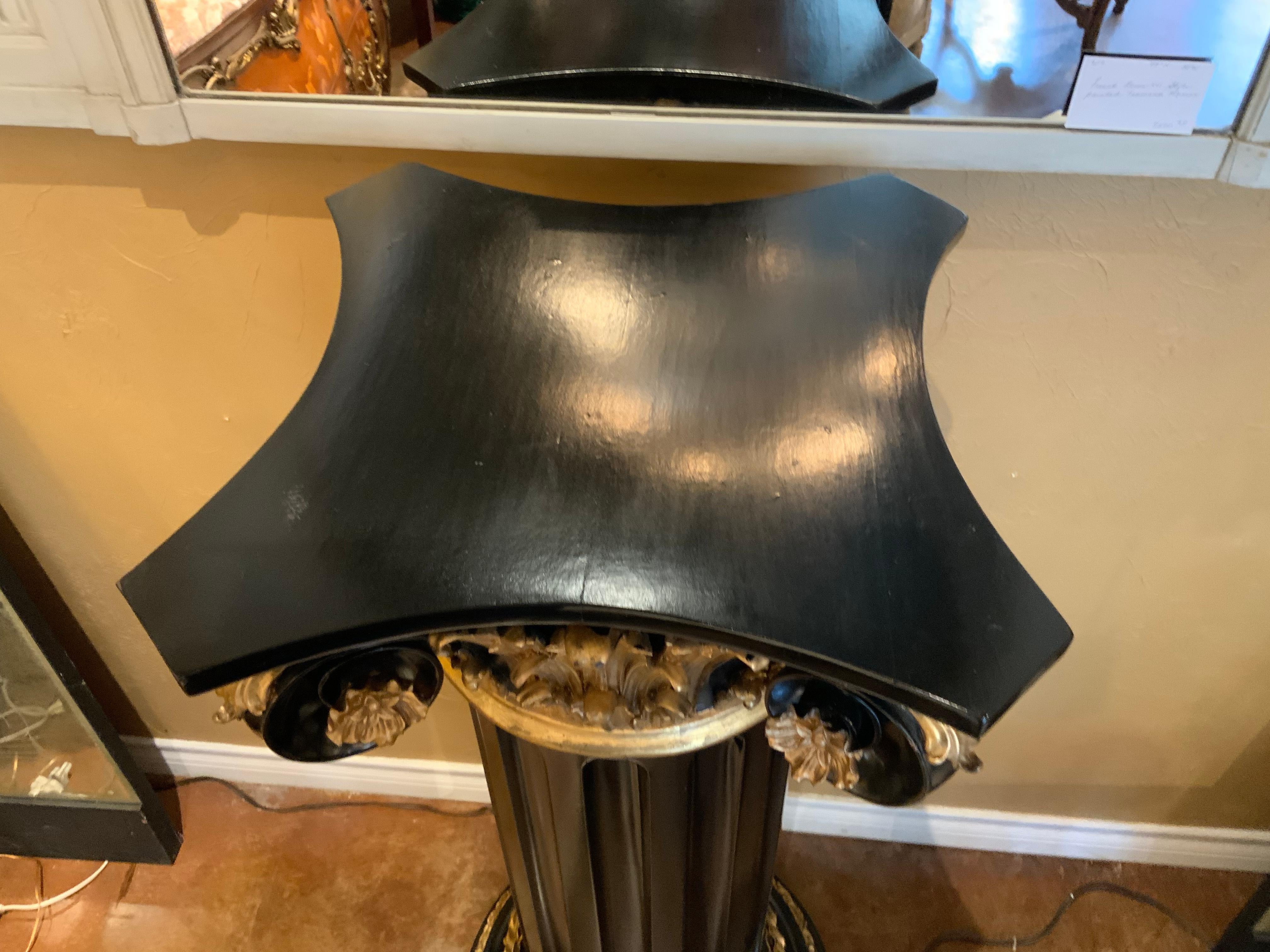 Black Wooden Painted Ionic Fluted Pedestal with Gilt Accents In Good Condition In Houston, TX