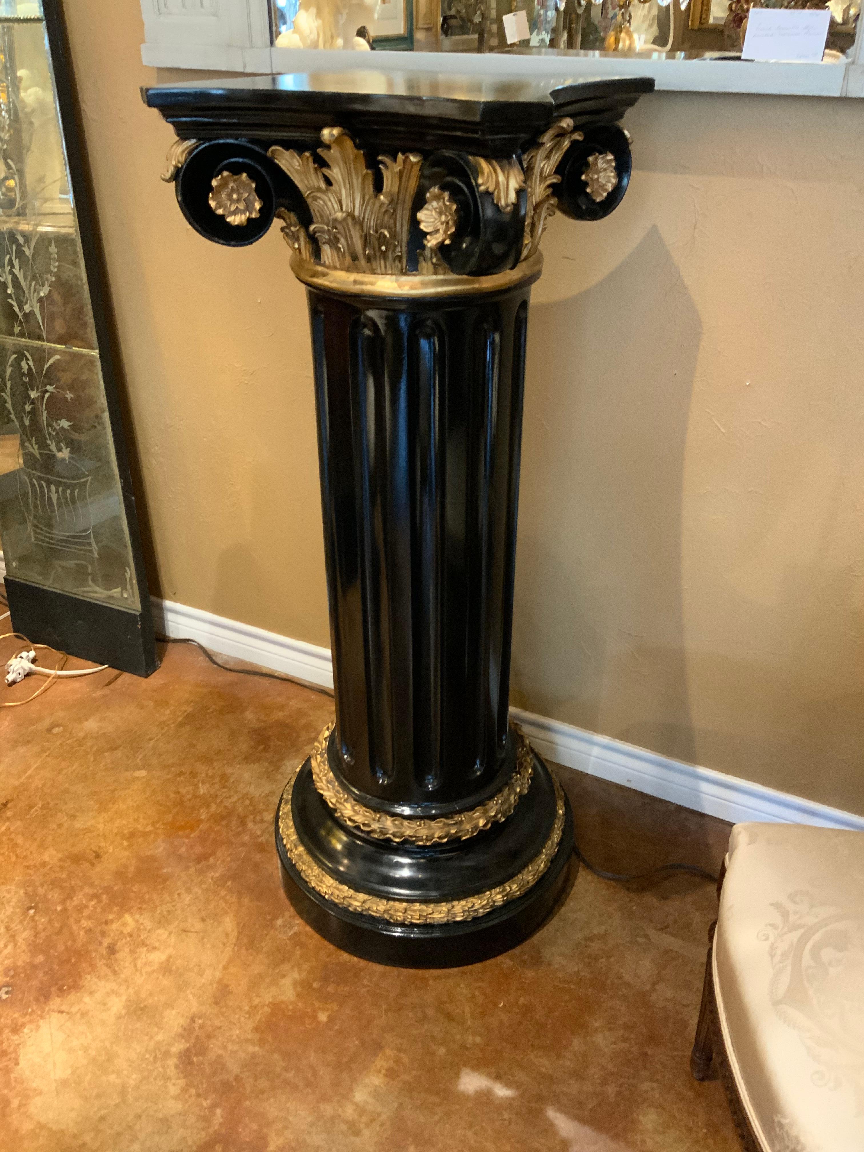20th Century Black Wooden Painted Ionic Fluted Pedestal with Gilt Accents