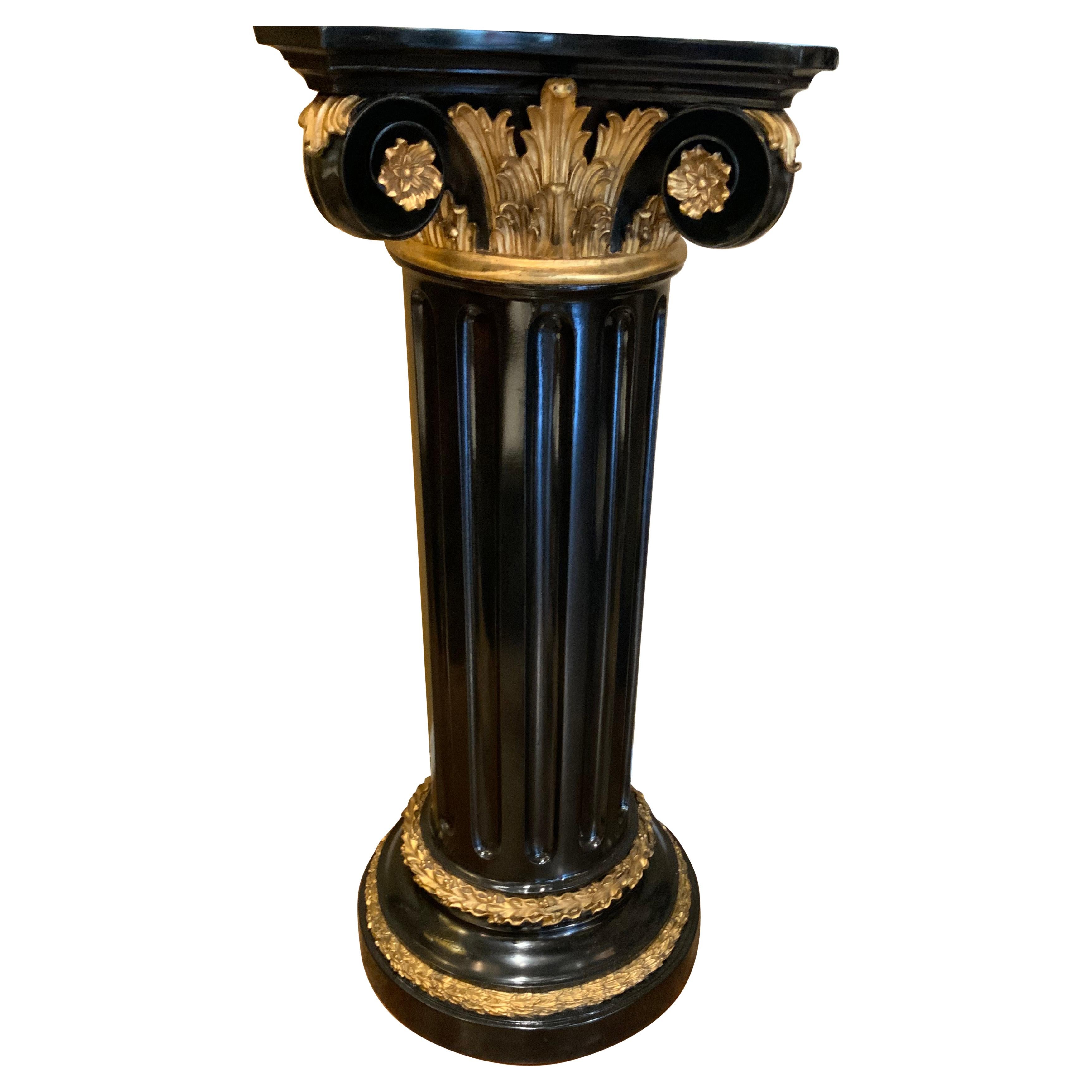 Black Wooden Painted Ionic Fluted Pedestal with Gilt Accents