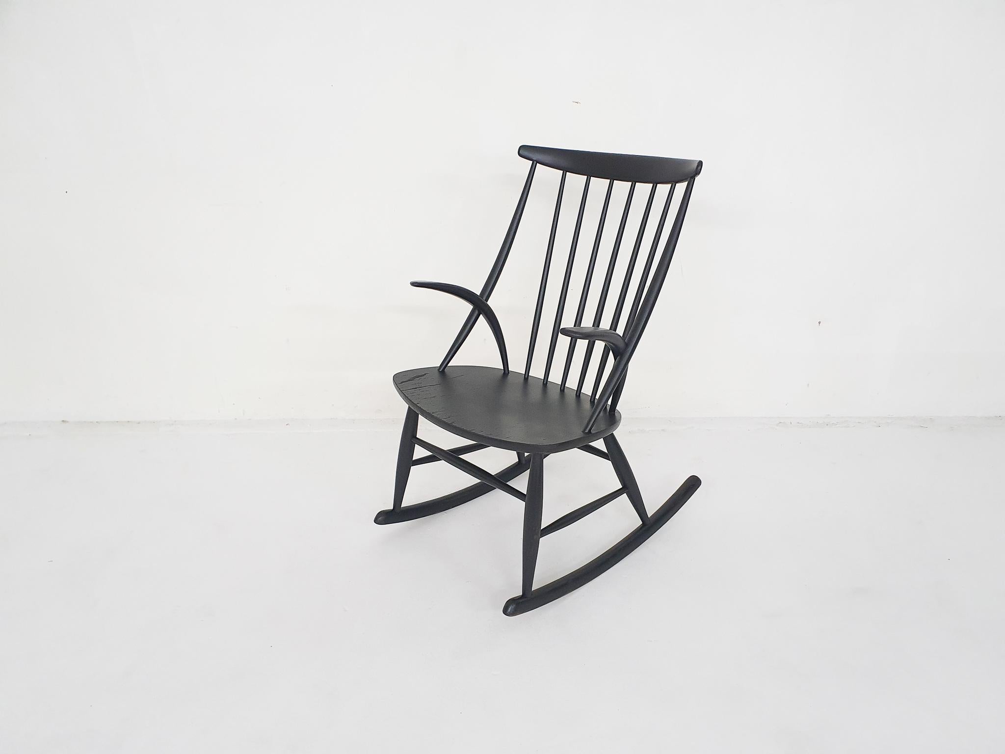 Scandinavian Modern Black Wooden Rocking Chair by Illum Wikkelso for Niels Eilersen Model IW3 For Sale